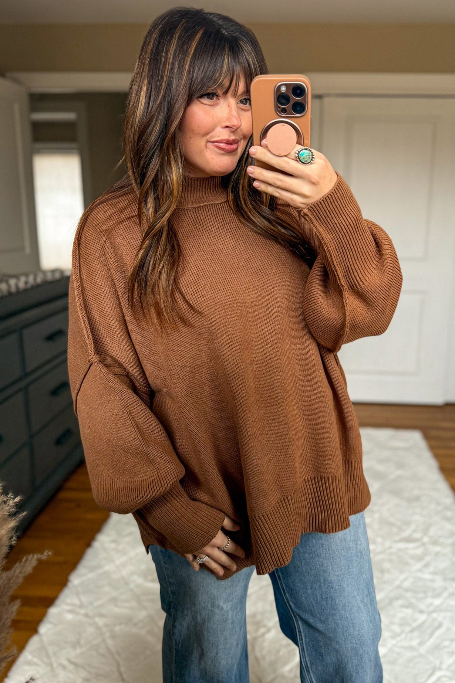 Oversized Ribbed Knit Long Sleeve Tunic Plus Size Sweater – Chestnut