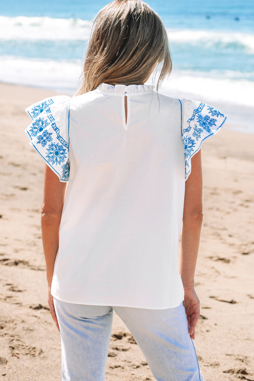 White Embroidered Ruffled Sleeve Frilled Collar Blouse eAura