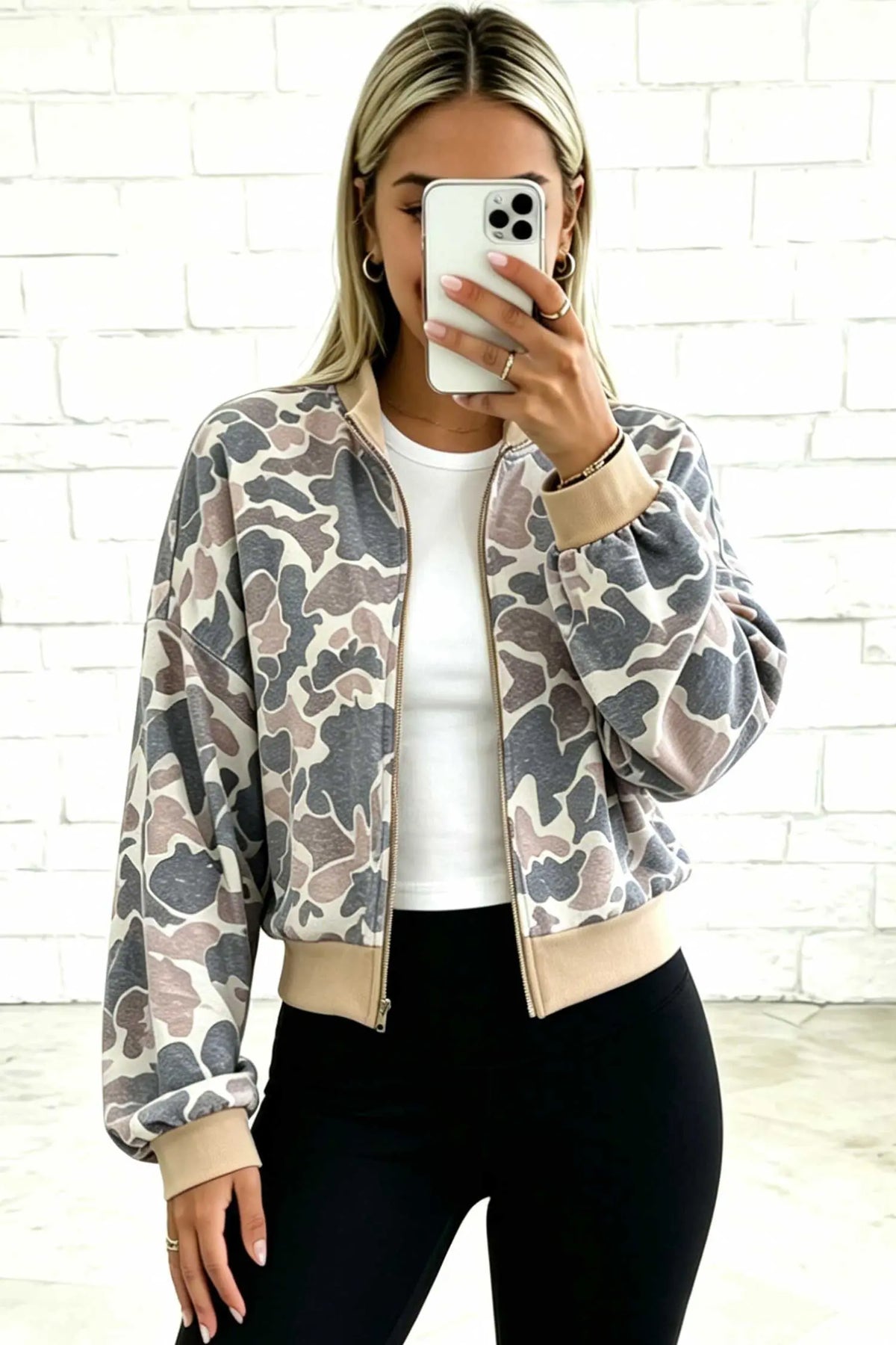 Camouflage Print Colour Block Trim Zip Bomber Sweatshirt – Multicolour