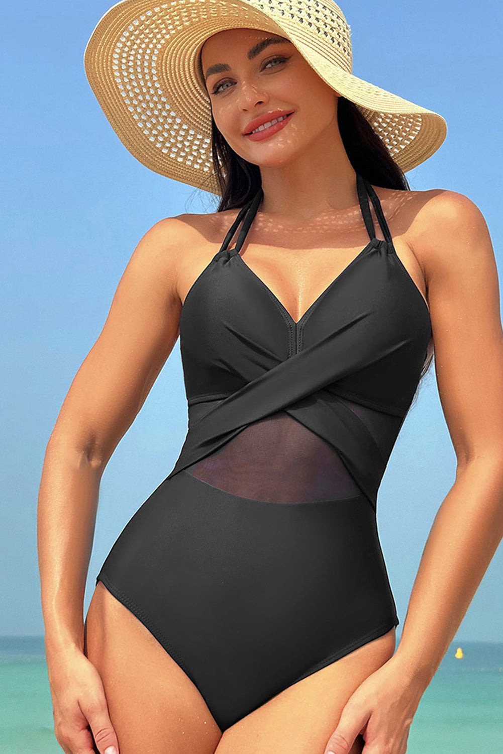 Navy Blue Halter Mesh Insert Cross Front One-Piece Swimsuit BB Fashion Outlet