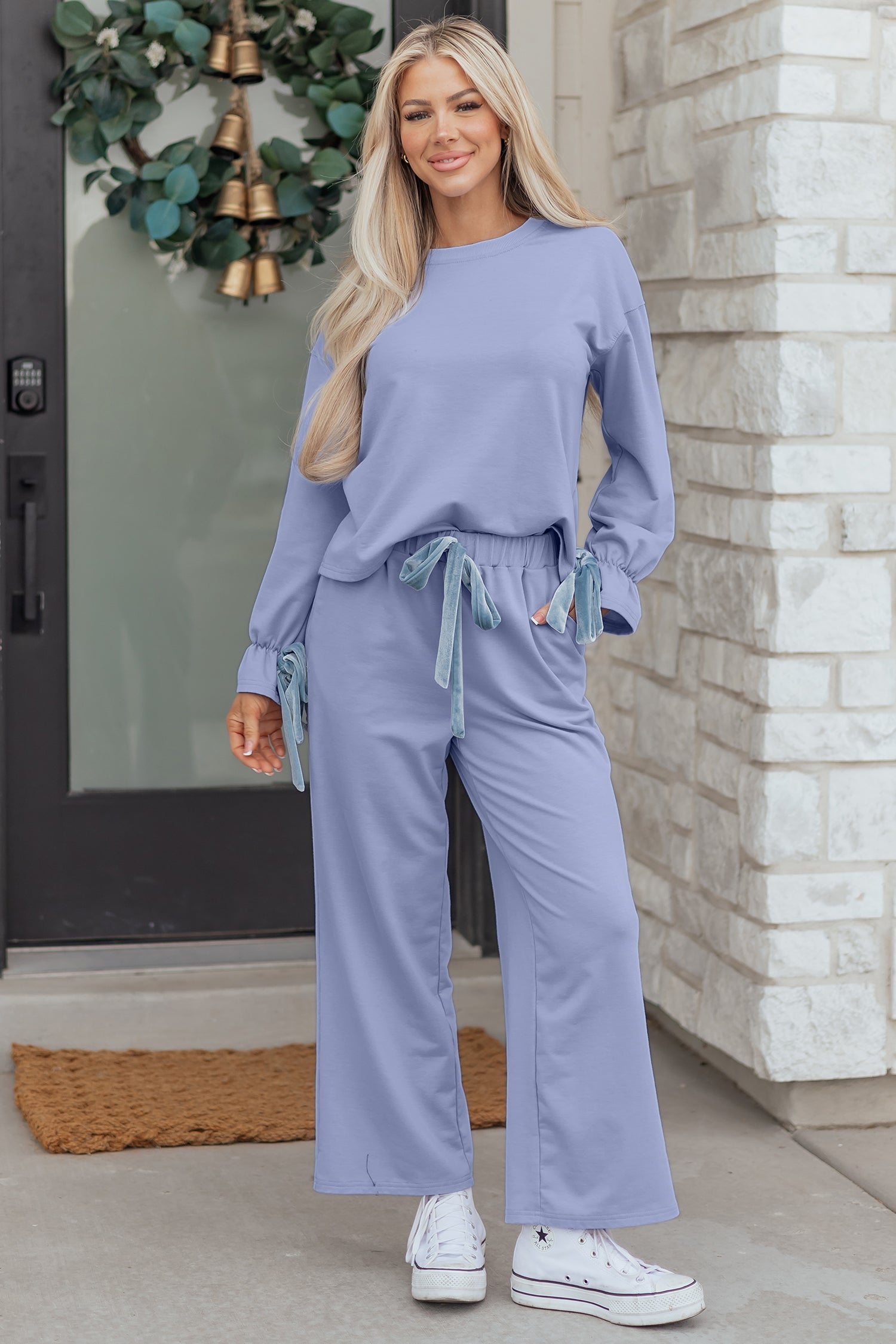 Beau Flounce Long Sleeve Top Drawstring Pants Contrast Velvet Bow Knot 2pcs Lounge Set – Blue
