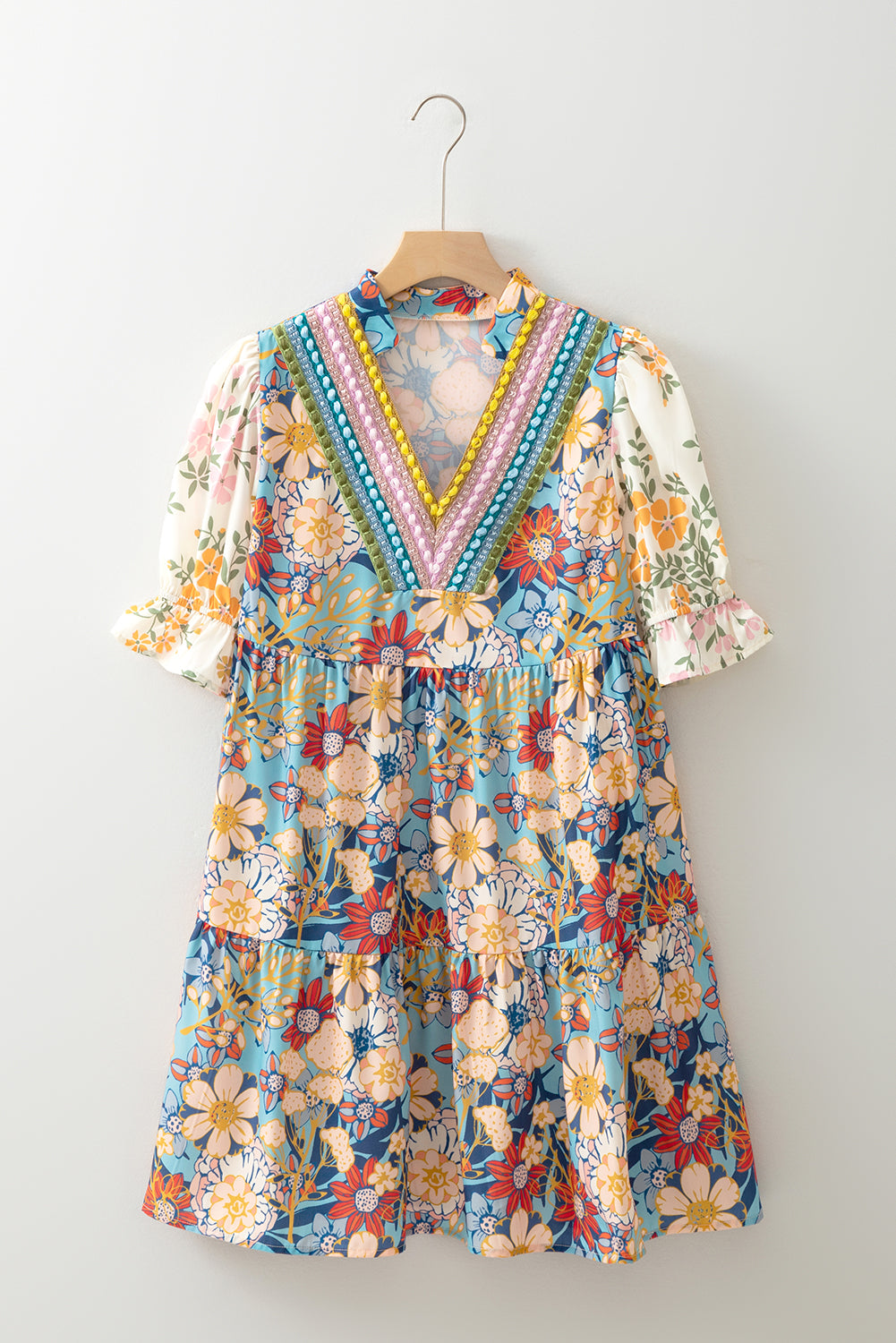Multicolour Boho Floral Print Crochet Patchwork V Neck Loose Mini Dress eAura