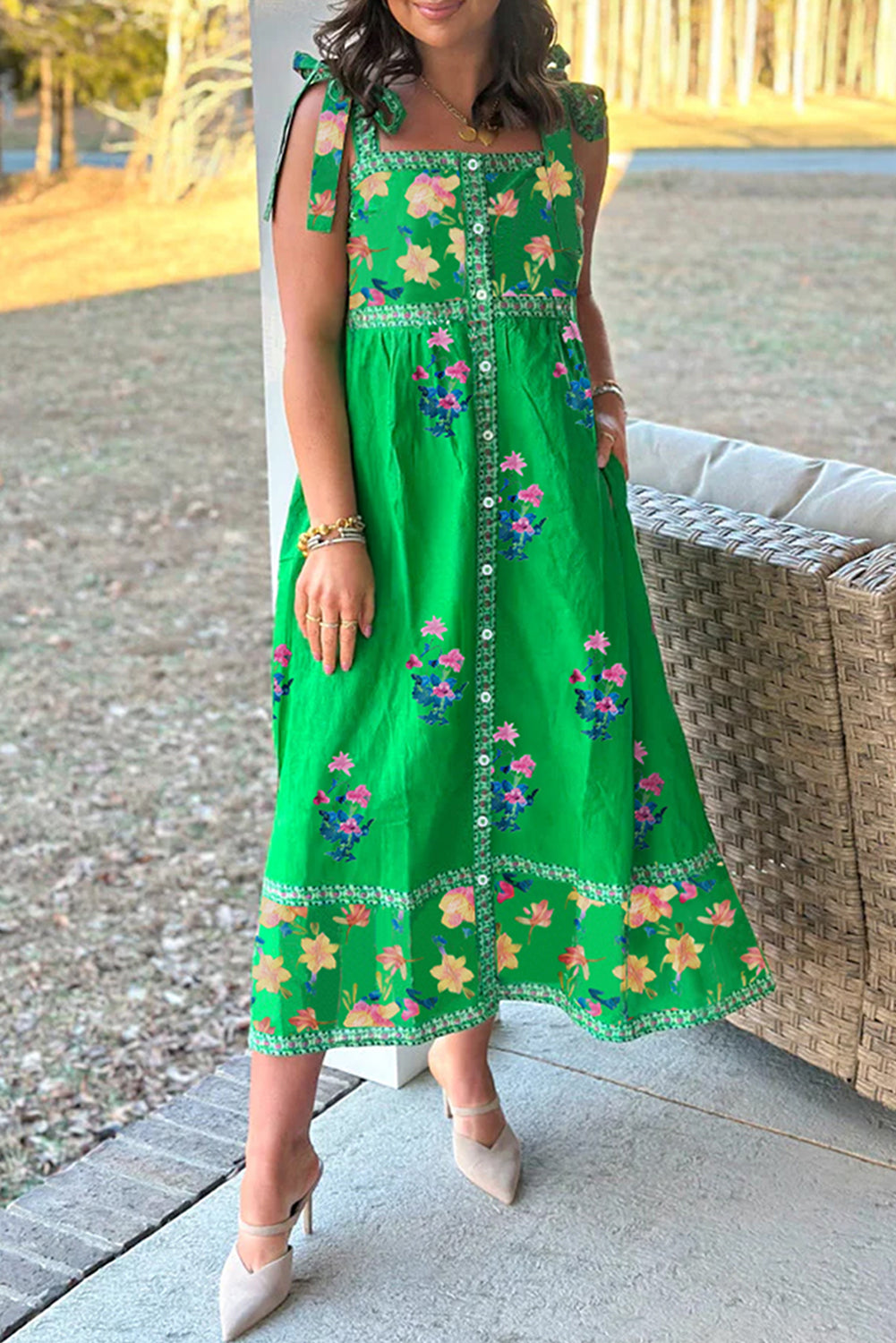 Green Floral Print Contrast Trim Knotted Straps Midi Dress eAura