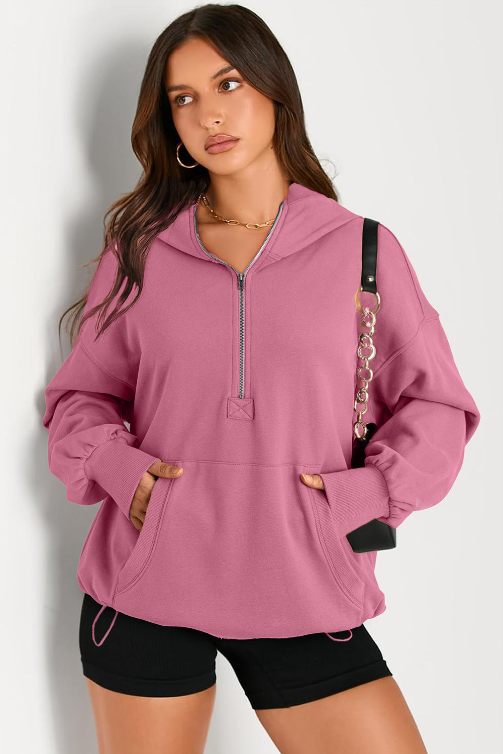Valerian Solid Kangaroo Pocket Half Zipper Oversized Hoodie eAura