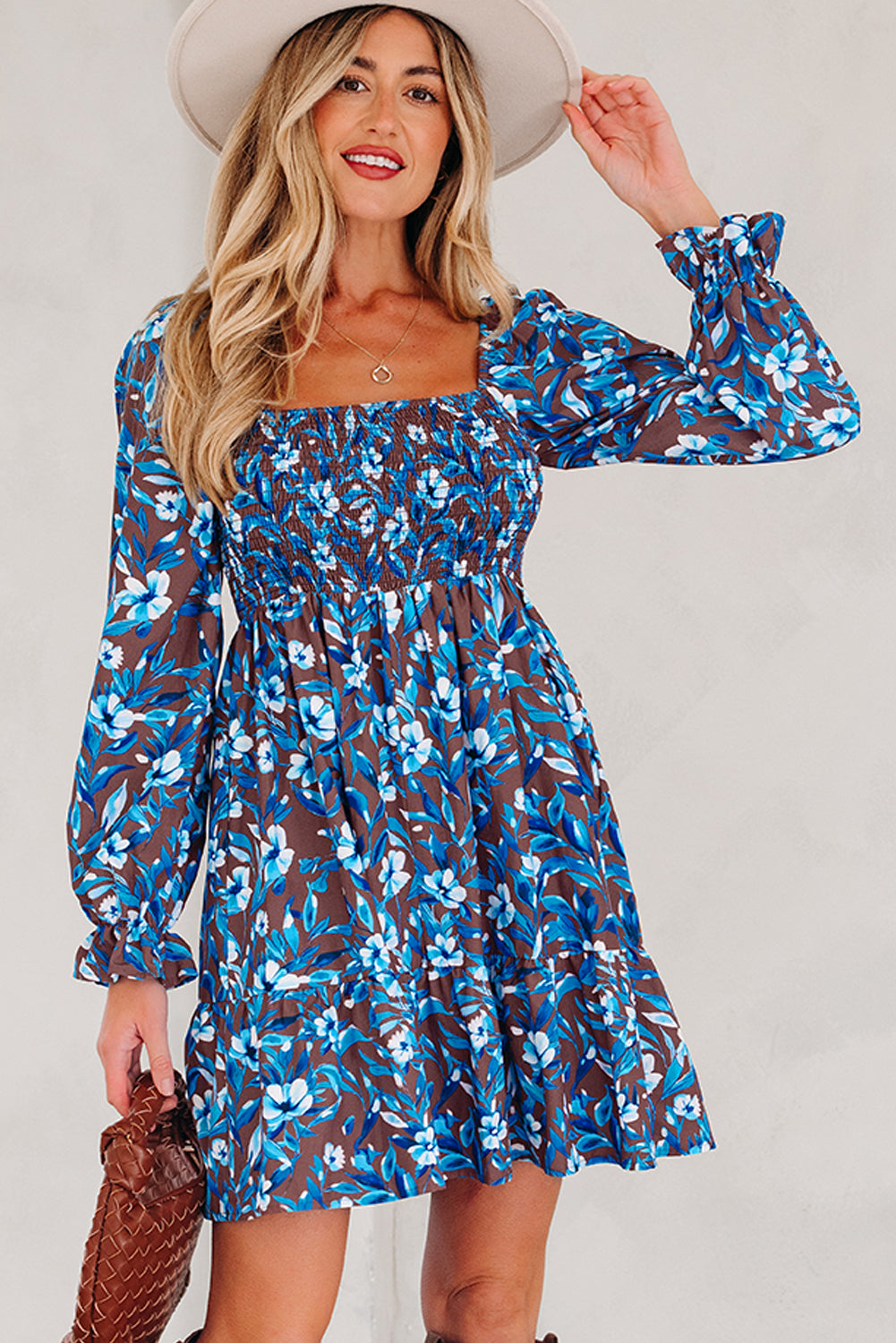 Smocked Bodice Ruffled Sleeve Floral Dress - Dresses/Mini Dresses