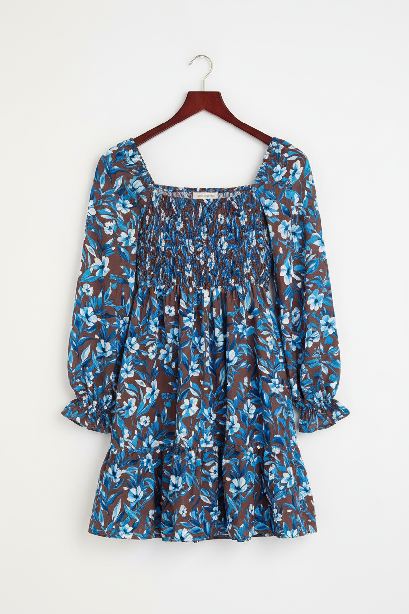 Smocked Bodice Ruffled Sleeve Floral Dress - Dresses/Mini Dresses