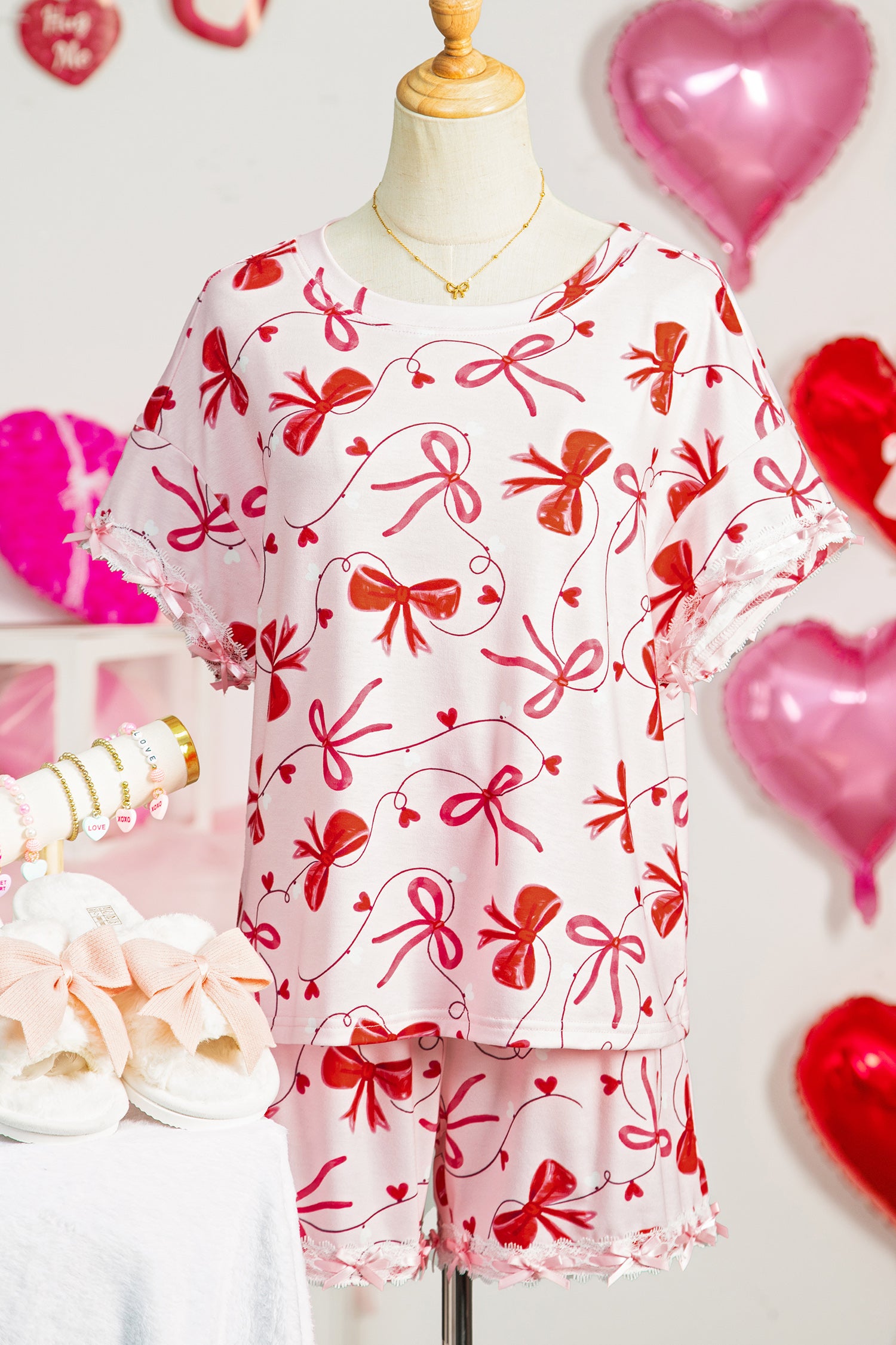 Romantic Bow Print Loose Tee Drawstring Shorts 2pcs Lounge Set – Red