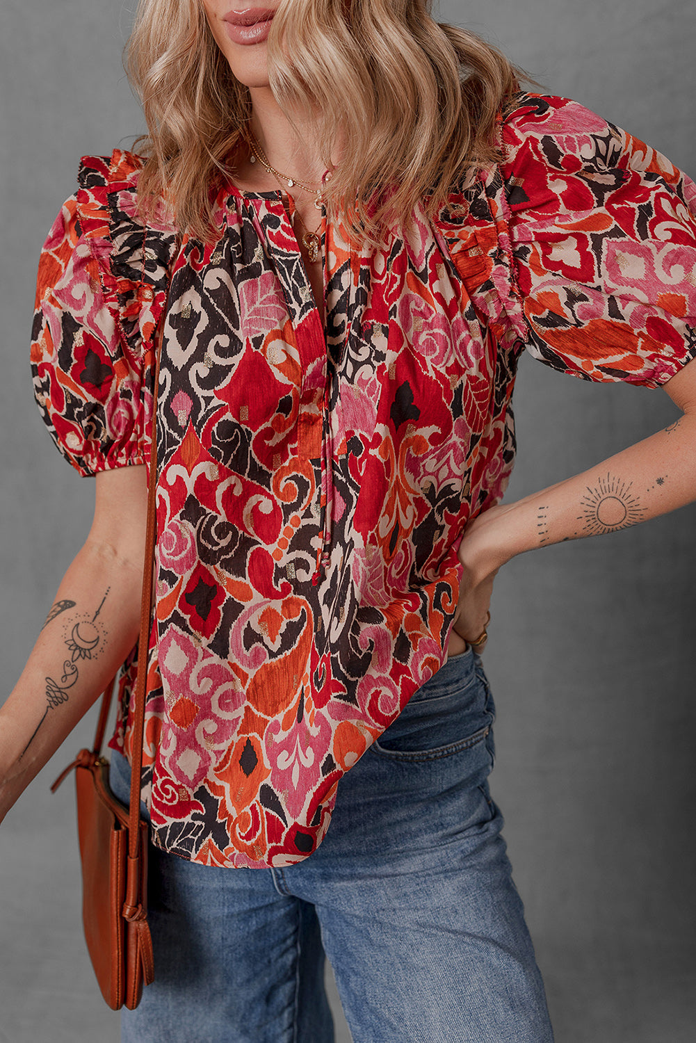 Red Ethnic Print Split Neck Short Puff Sleeve Blouse eAura