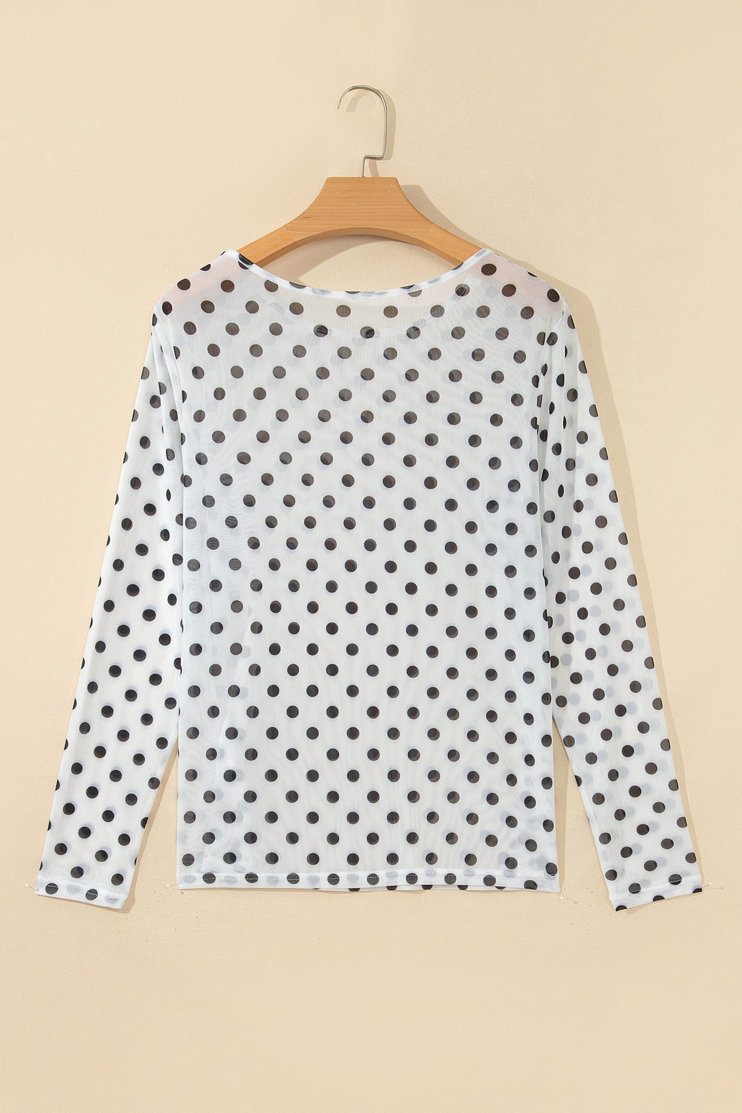 Polka Dot Sheer Mesh Long Sleeve Round Neck Shift Top – Black
