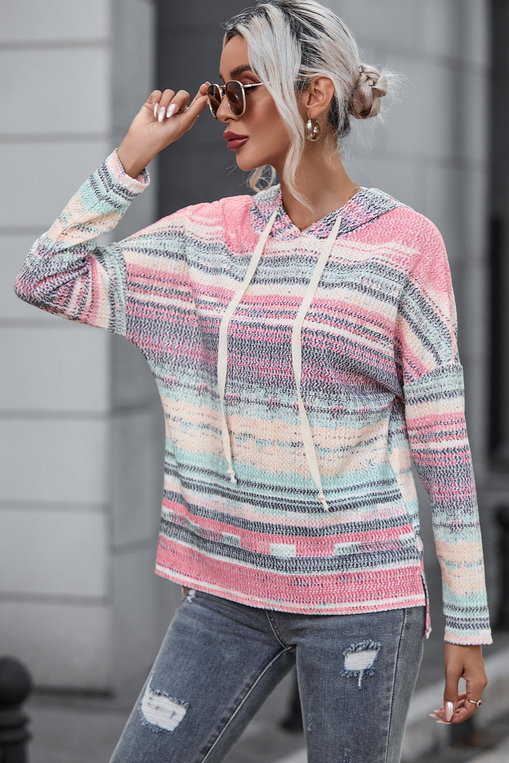 MultiColour Striped Print Cable Knit Drop Shoulder Hoodie eAura