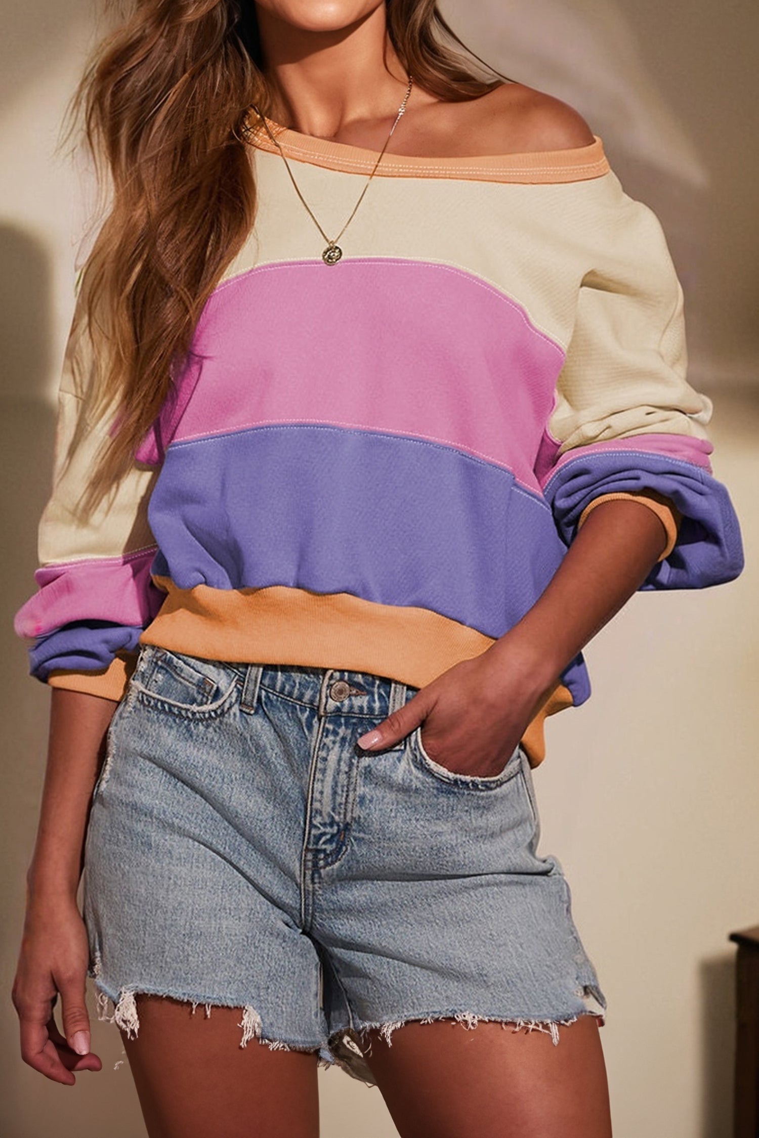Colour Block Drop Shoulder Cropped Sweatshirt - Tops/Sweatshirts & Hoodies