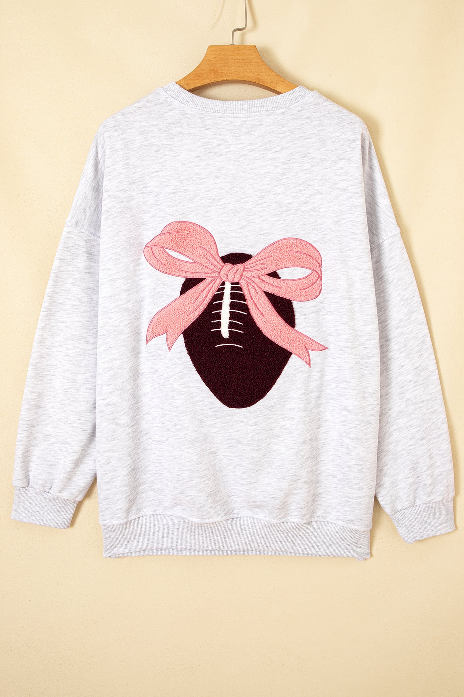 Embroidered Football Bow Back Long Sleeve Sweatshirt – Light Grey