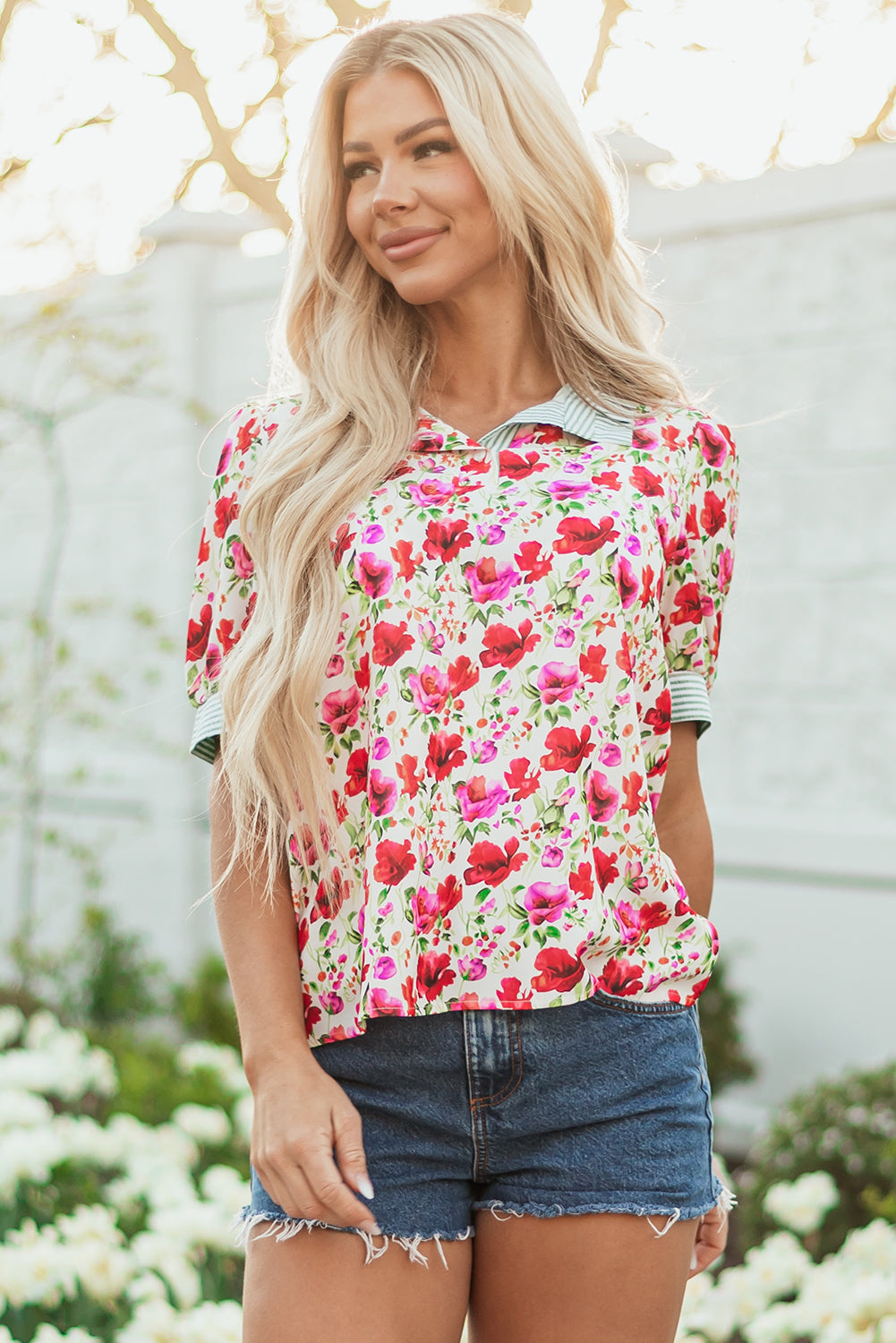 Red Floral Print Striped Patchwork Collared Short Sleeve Blouse eAura