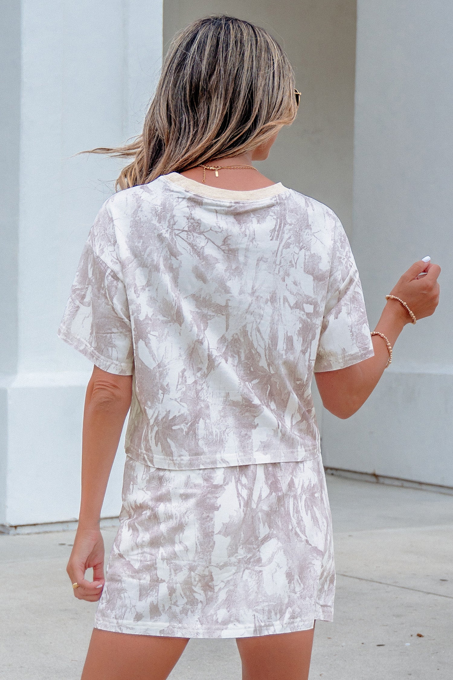 Gray Woodland Camo Print Raw Edge Cropped Top & Skirt Set