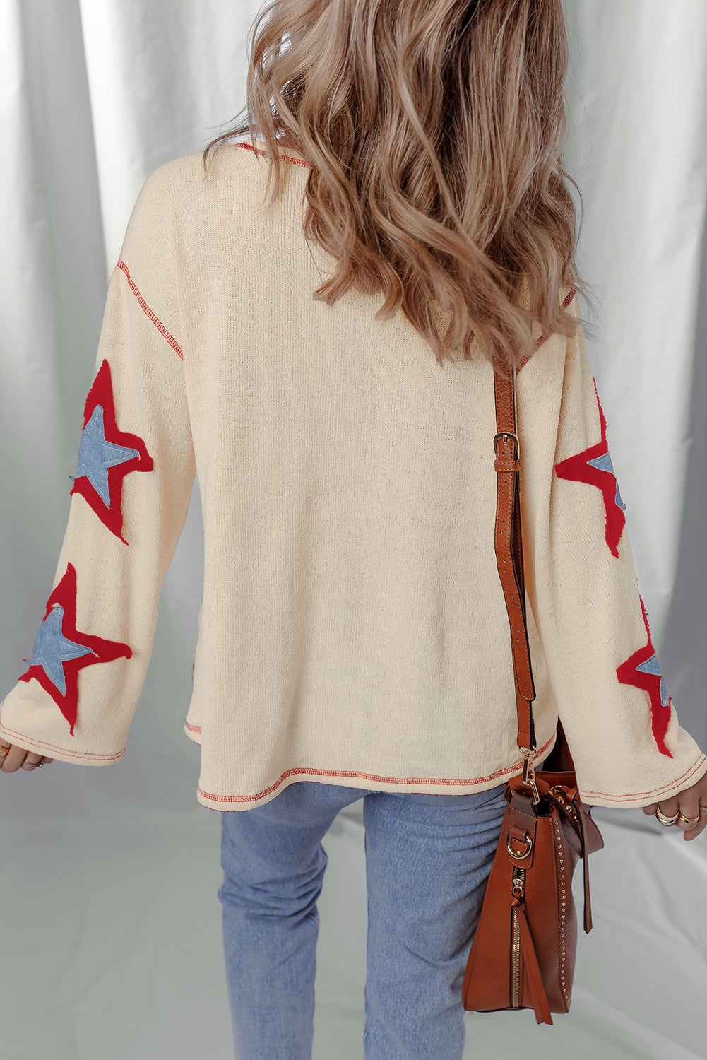 Beige USA Star Contrast Patchwork Exposed Seam Long Sleeve Top - eAura