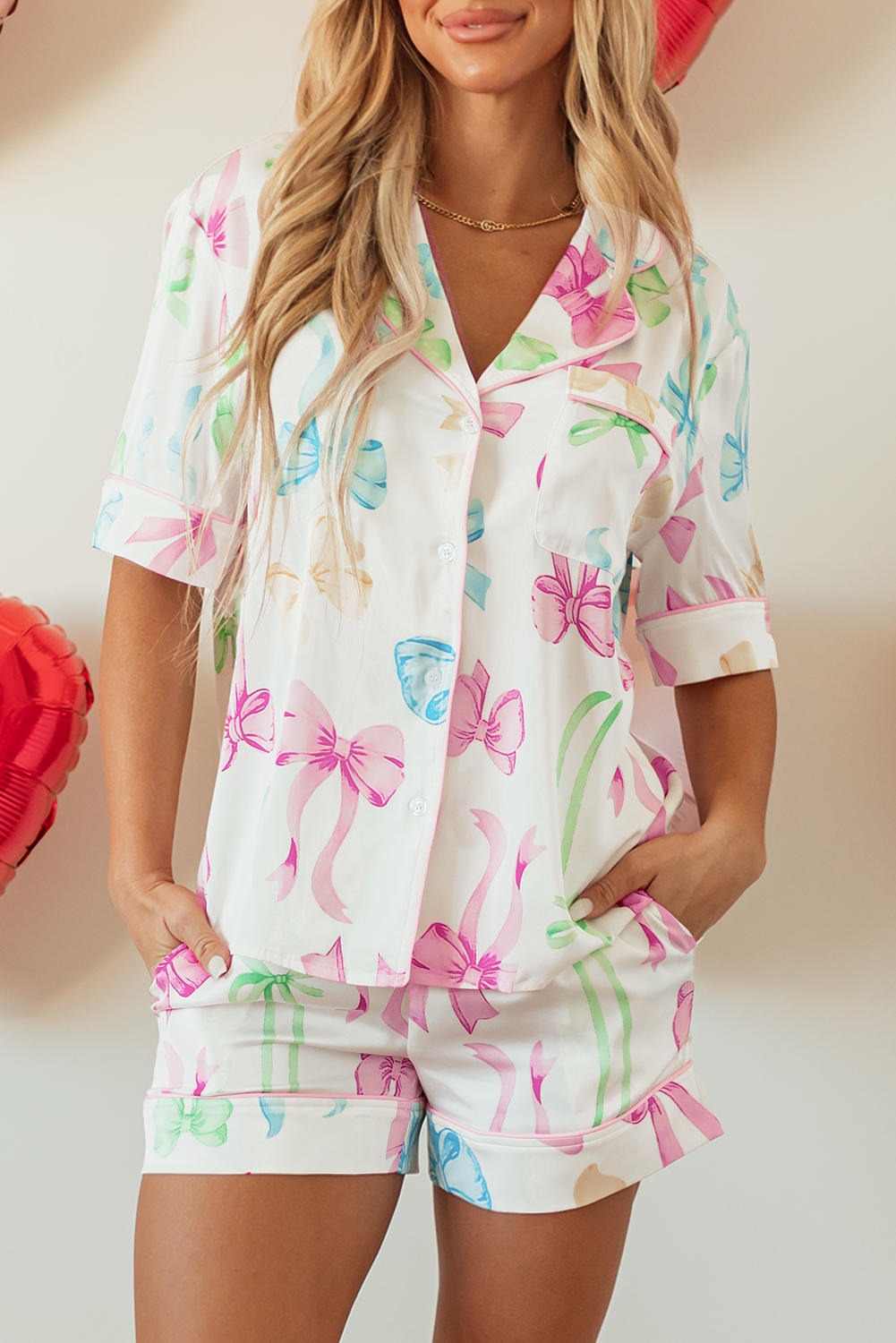White Bowknot Print Buttoned Shirt High Waist Shorts Pyjama Set eAura
