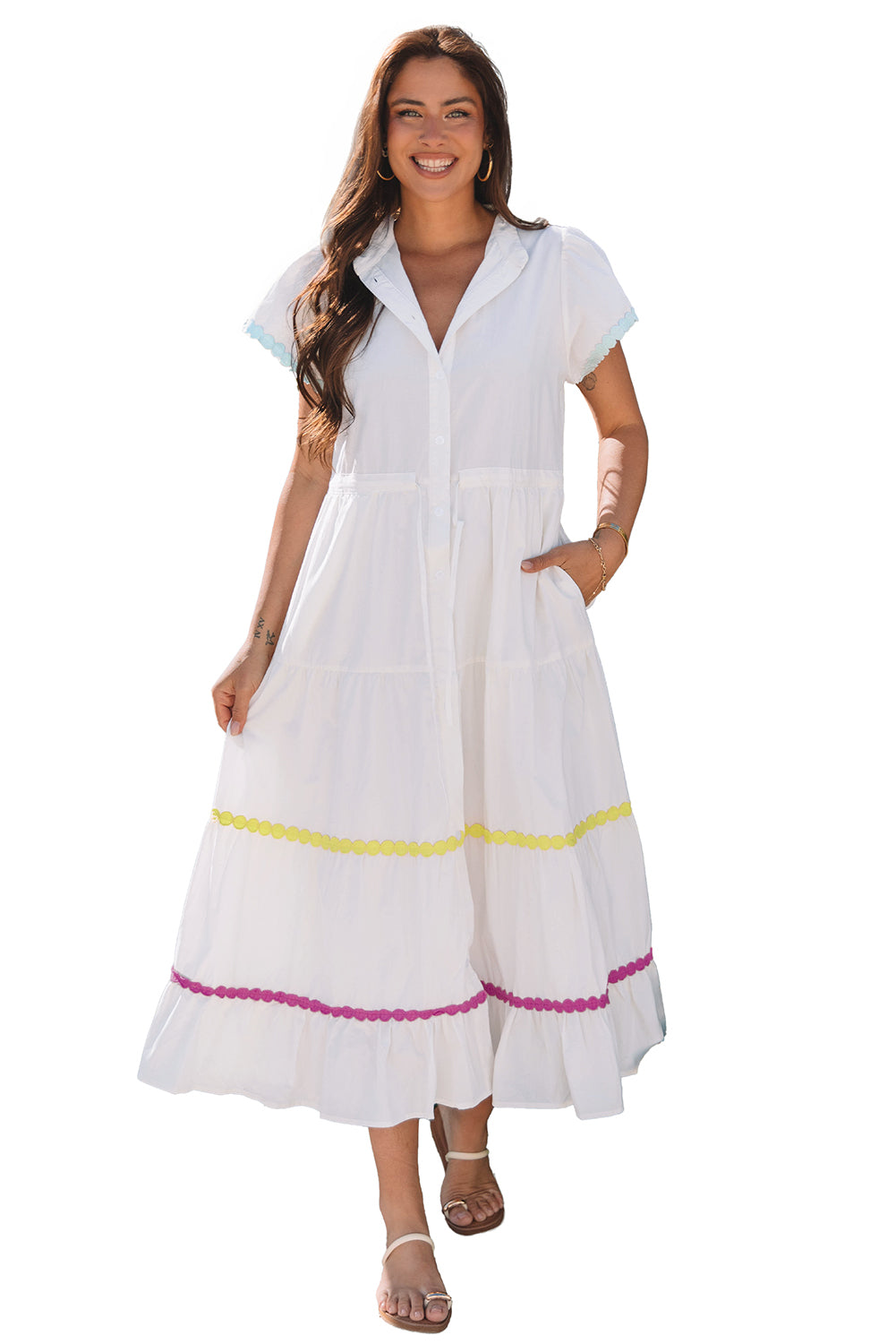 White Colorblock Rickrack Trim Short Sleeve Drawstring Waist Long Dress BB Fashion Outlet