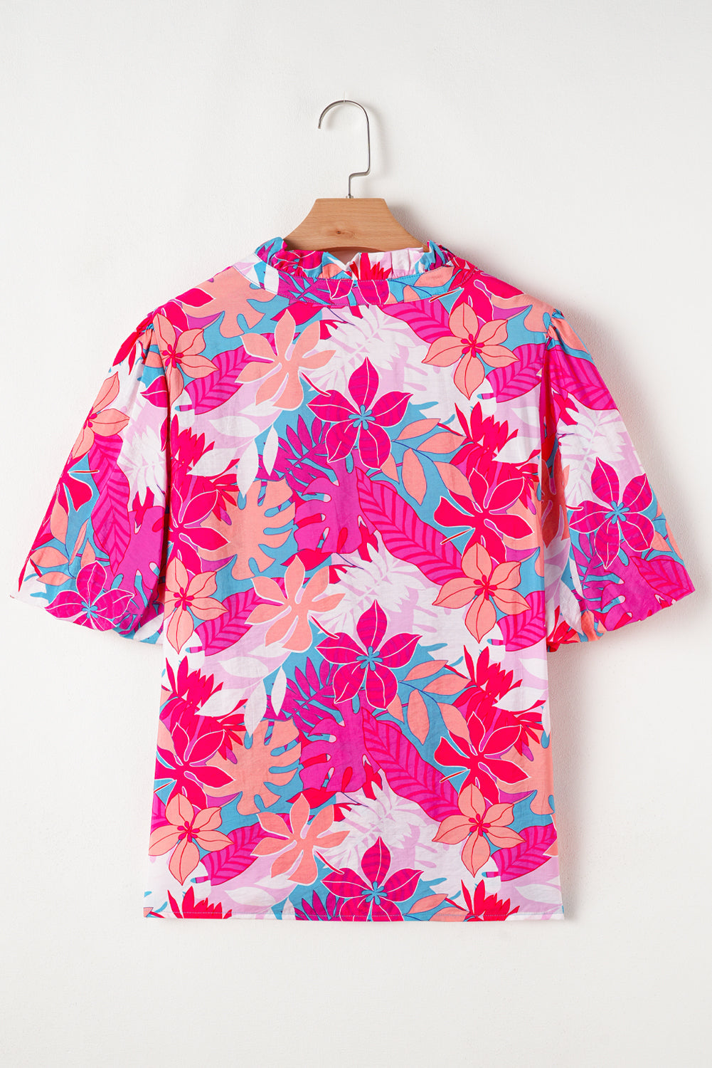 Rose Tropical Plant Printed V Neck Puff Sleeve Blouse eAura