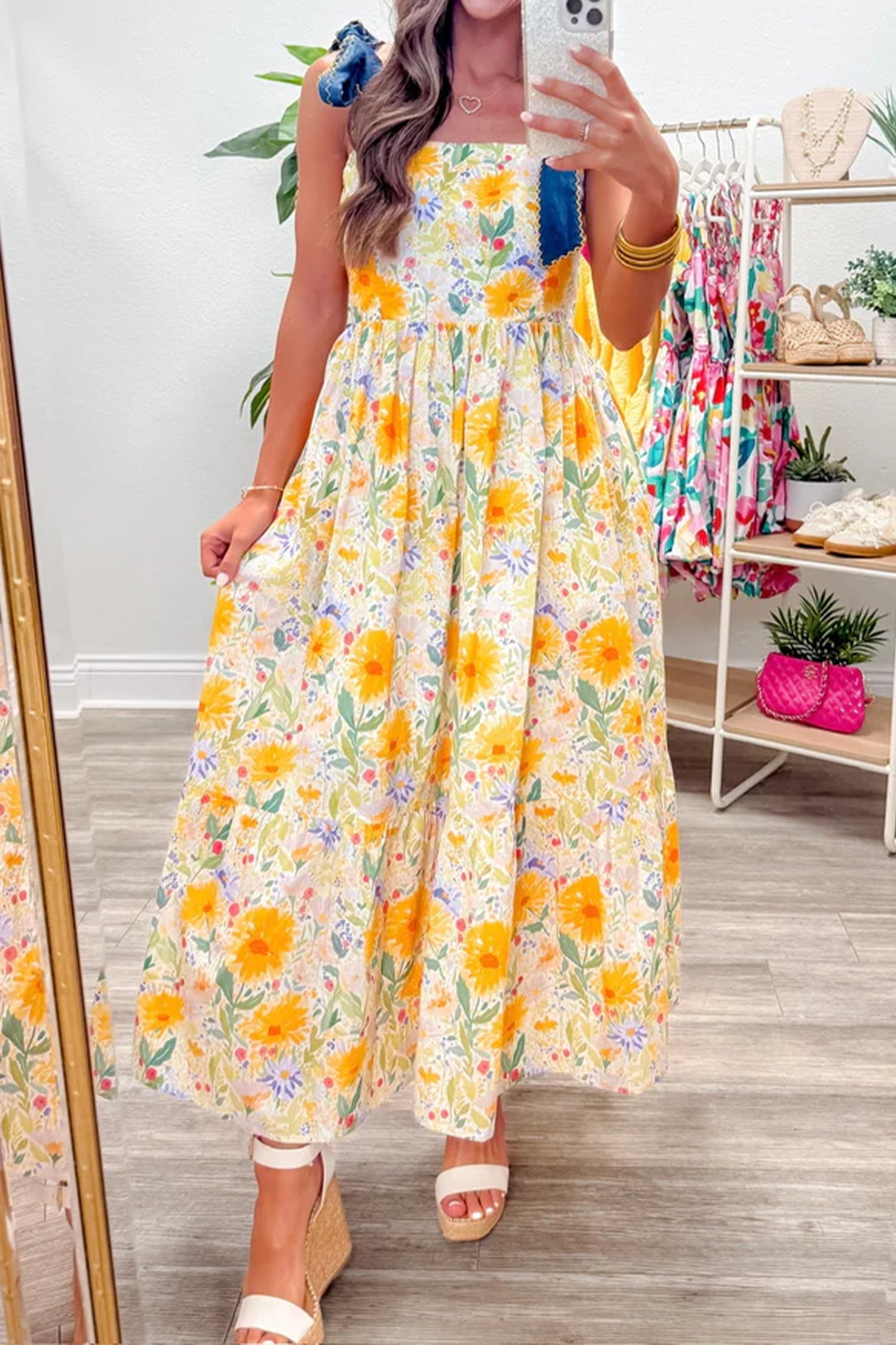 Floral Print Contrast Stitched Knot Denim Straps Maxi Dress