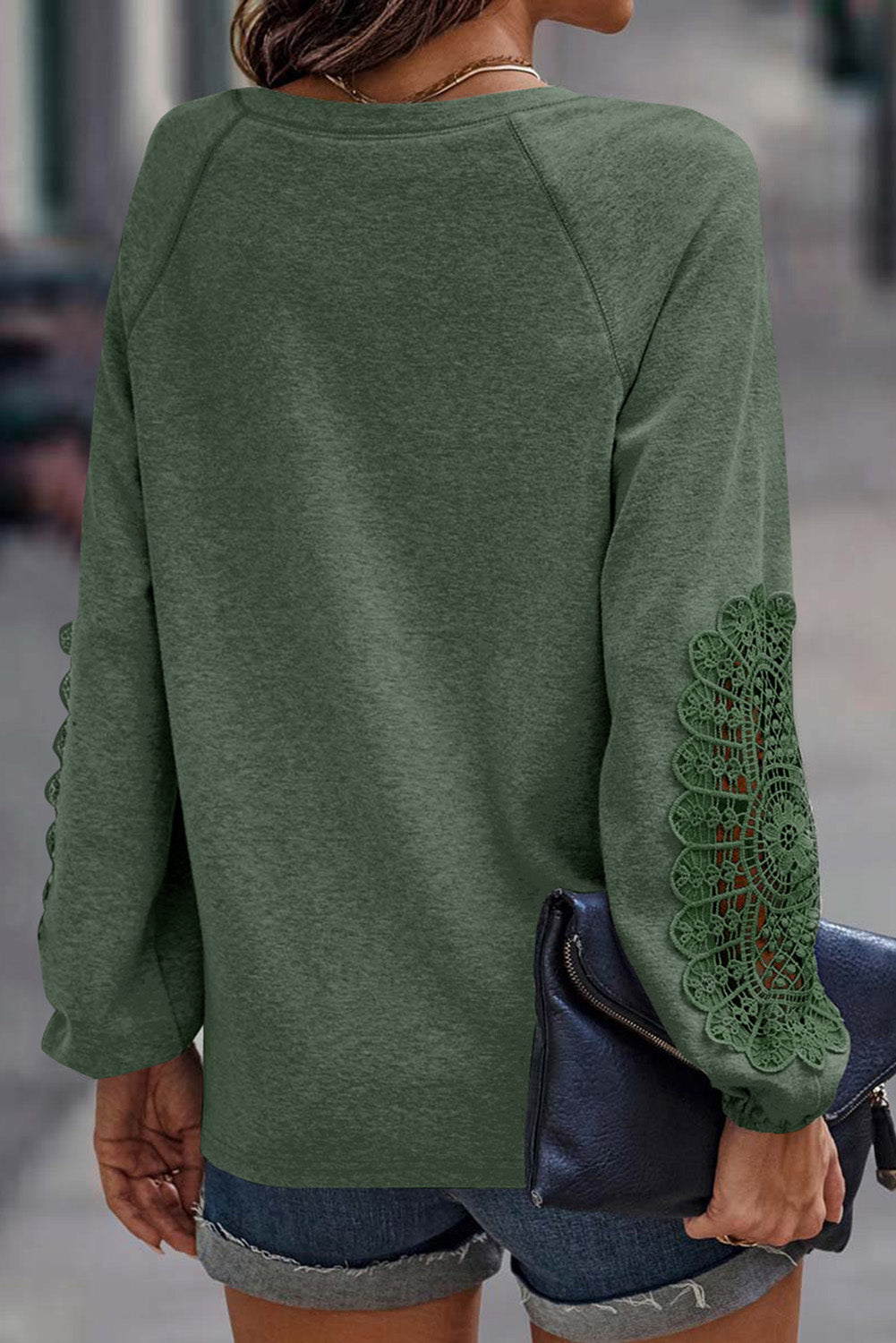 Green Crochet Lace Patch Raglan Sleeve Top eAura
