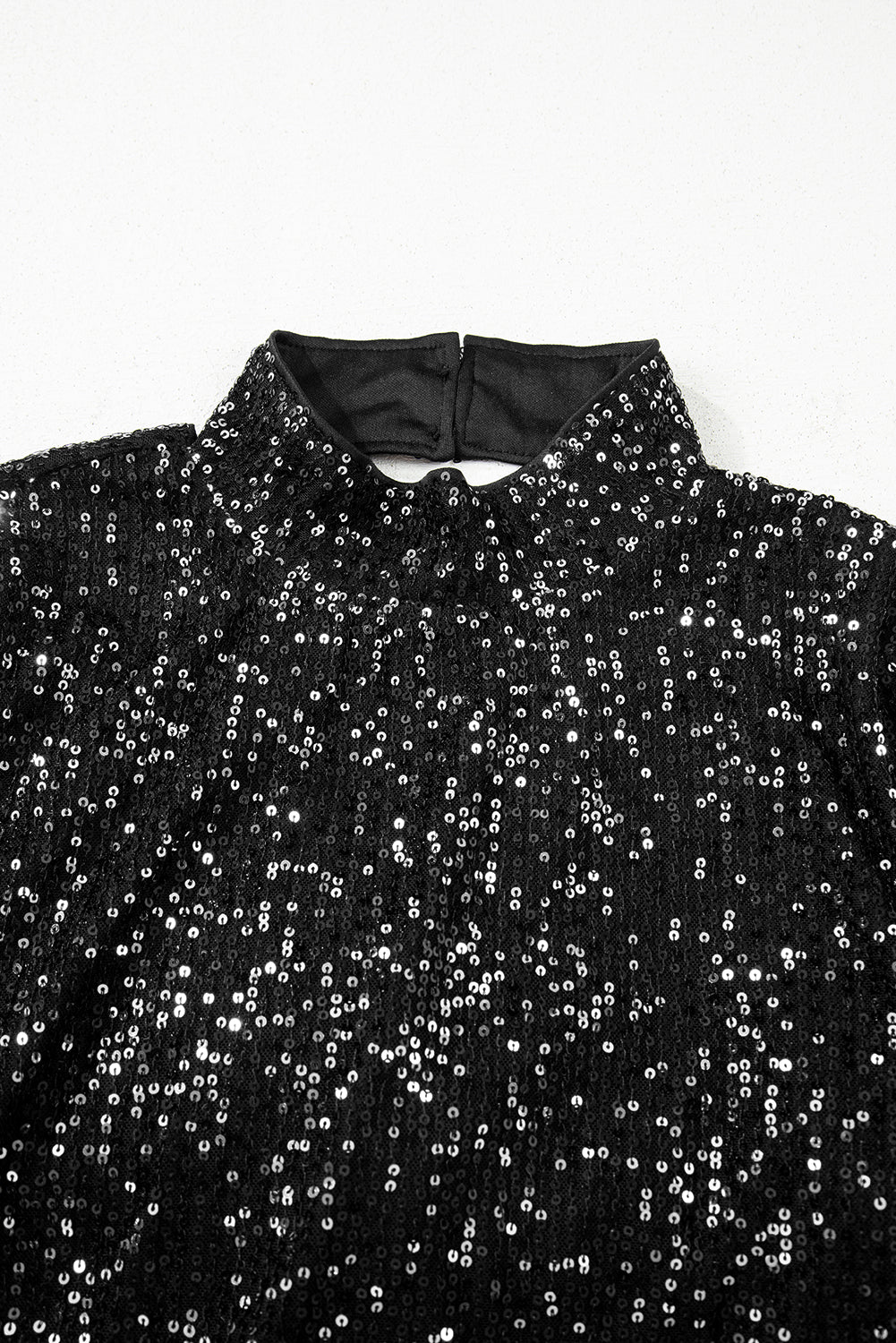 Black Sequin Mock Neck Drape Open Back Bell Sleeve Top eAura