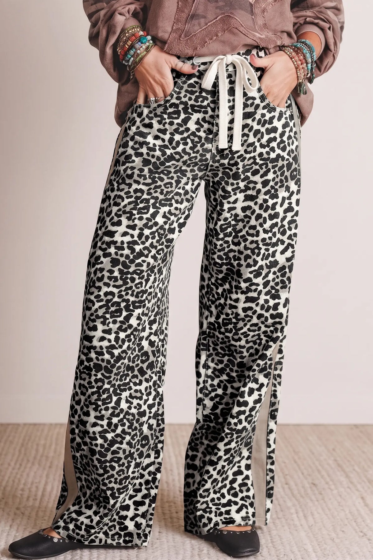 Leopard Print Drawstring Waist Straight Leg Jeans – Khaki