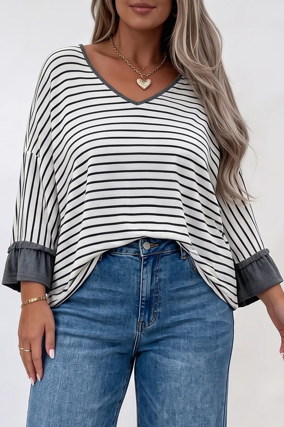 Gray Stripe Ruffled Bracelet Sleeve V Neck Plus Size Top