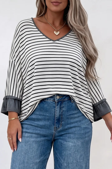 Gray Stripe Ruffled Bracelet Sleeve V Neck Plus Size Top