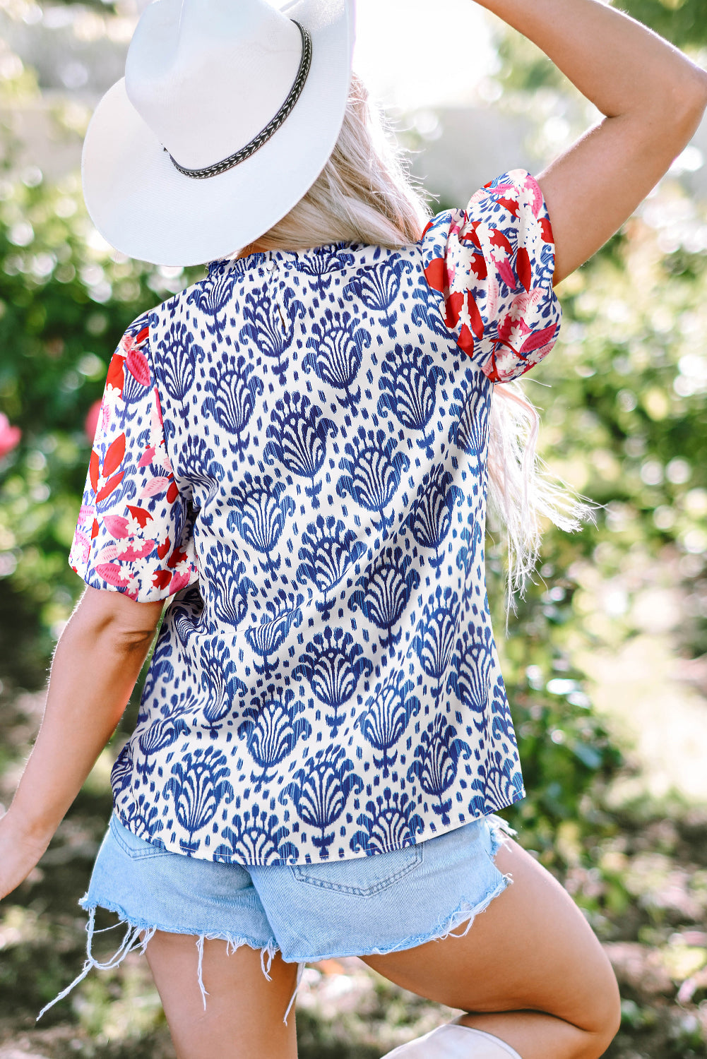 Blue Western Fashion Print Floral Puff Sleeve Frilled Neck Blouse eAura