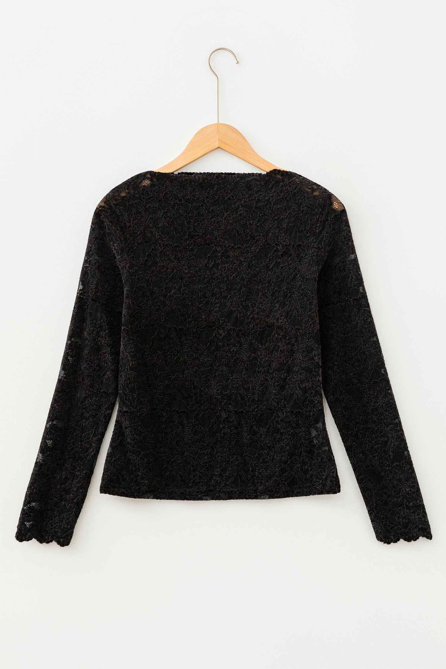 Elegant Stand Neck Lace Long Sleeve Top – Black