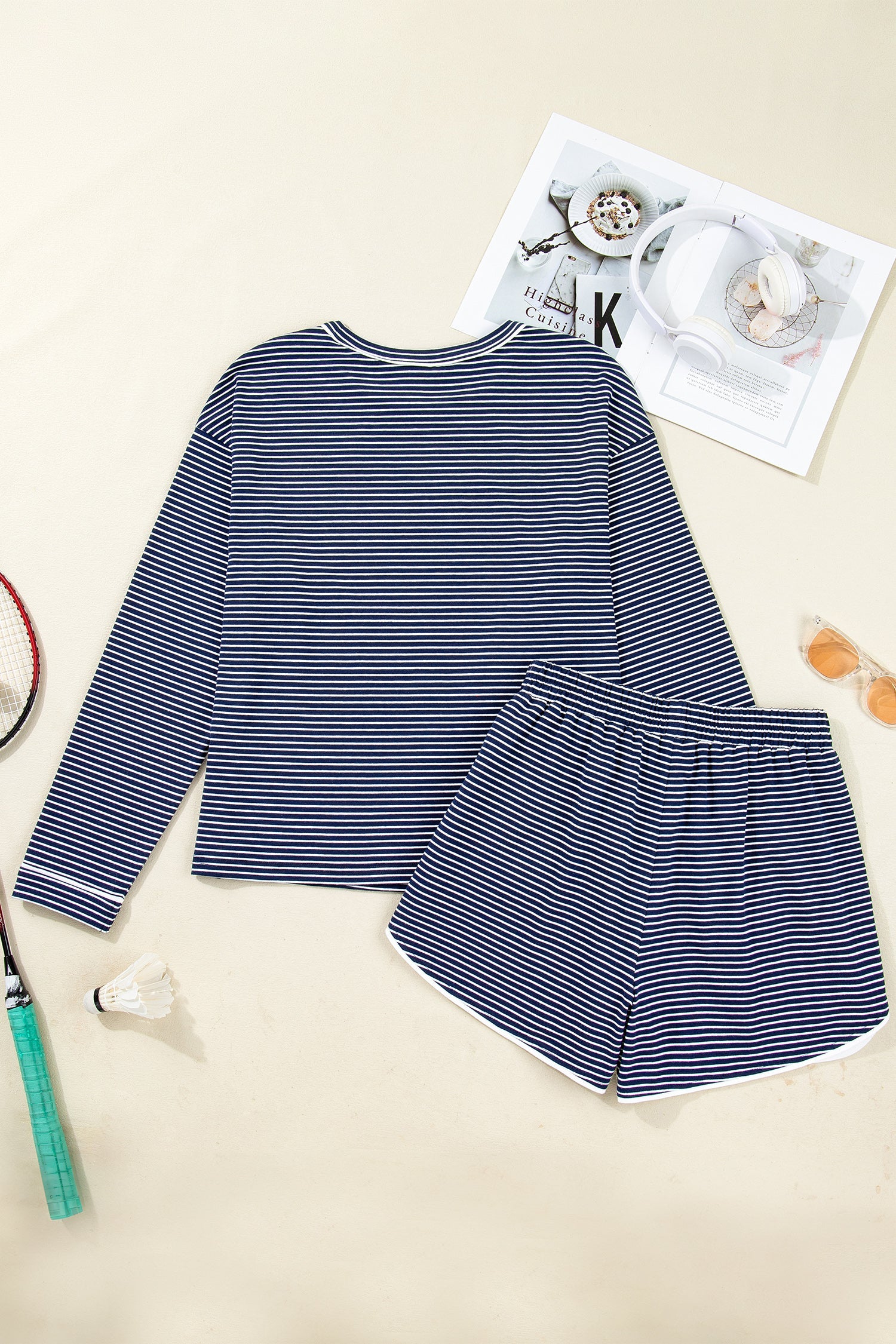 Stripe Drop Shoulder Long Sleeve Tee and Buttoned Shorts Pyjama Set - Loungewear & Sleepwear/Pyjama