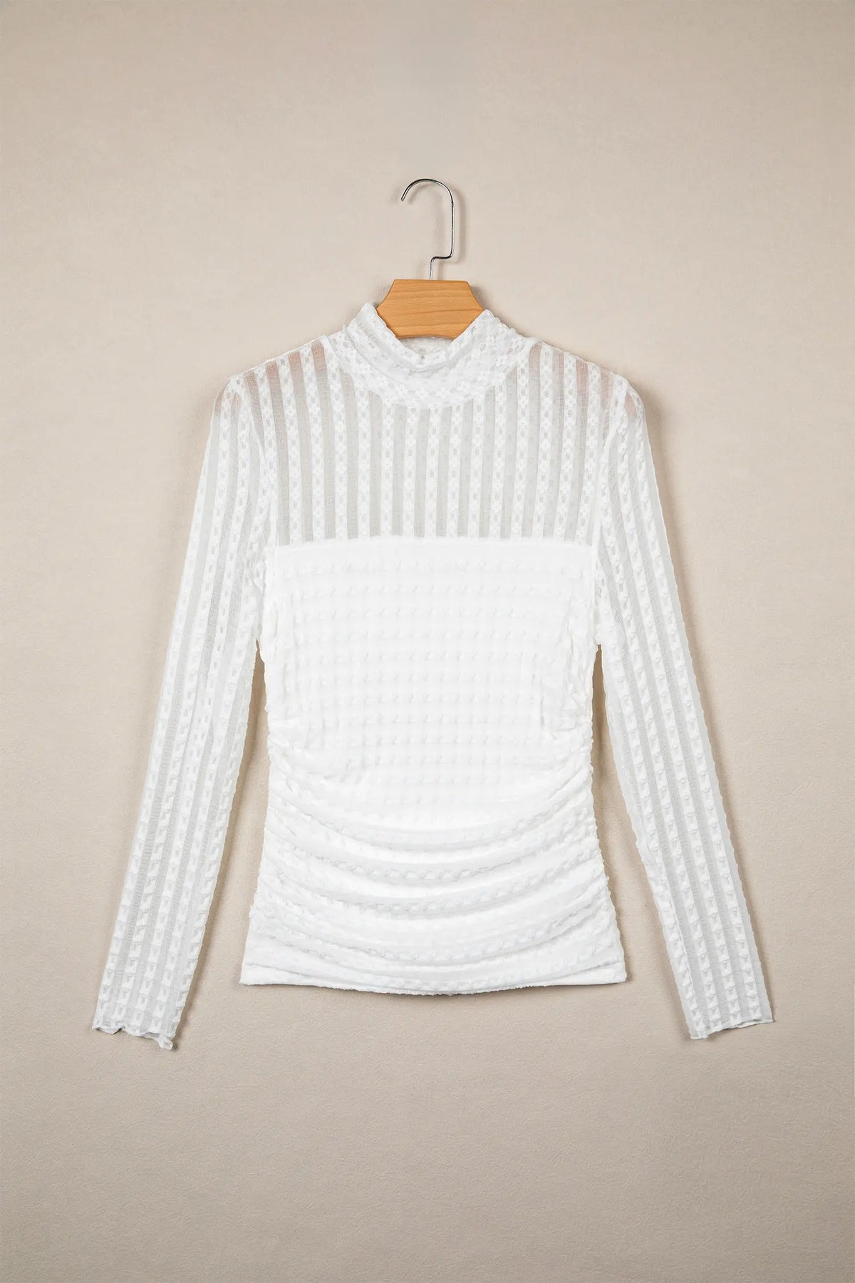 Textured Sheer Lace High Neck Long Sleeve Top – Beige
