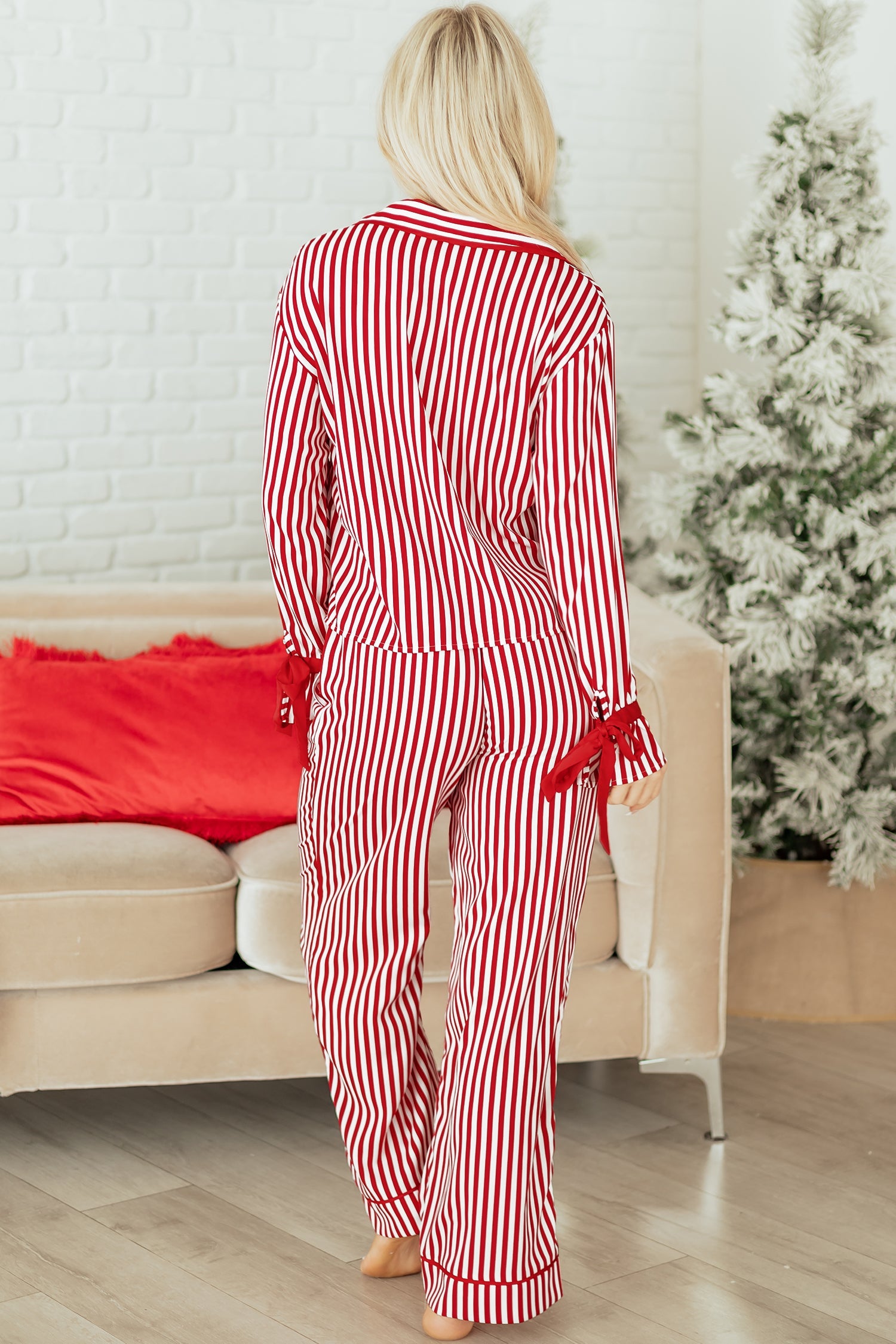 Red Stripe Contrast Velvet Trim Bow Knot Waist Pyjama Set - eAura