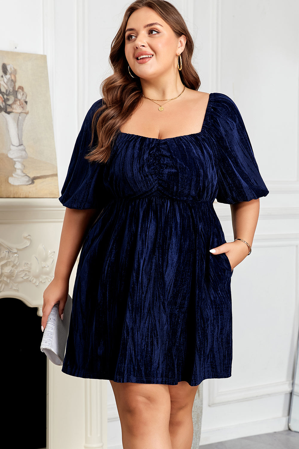Velvet Ruched Bust Square Neck Short Puff Sleeve Plus Dress - Navy / 1X - Size/Plus Size Dresses/Plus Midi Dresses