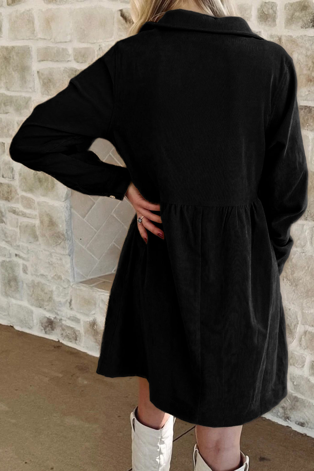Soft Corduroy Half Button Collared Long Sleeve Mini Dress - eAura