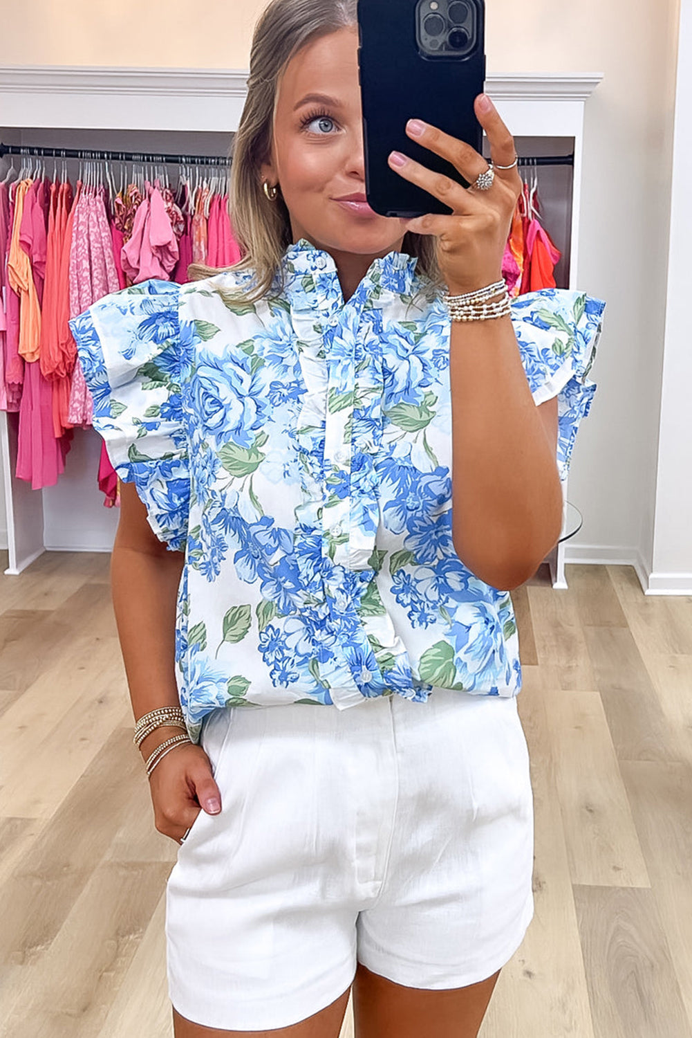 Sky Blue Floral Print Ruffle Sleeve Frilly Button Up Shirt eAura