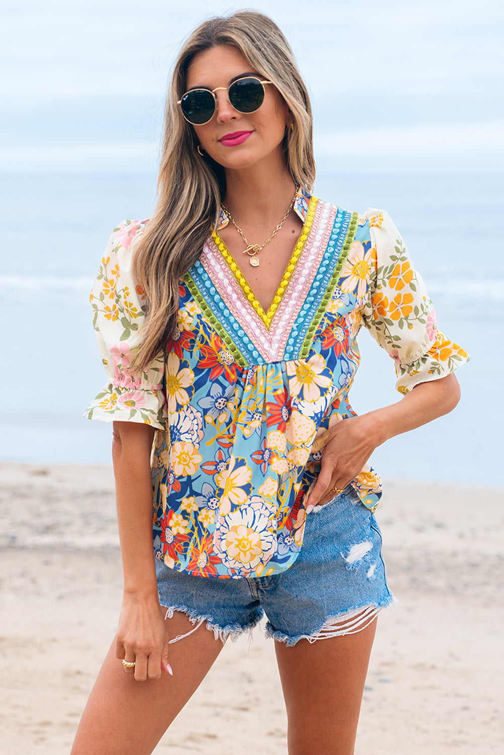 Multicolour Crochet V Neck Half Sleeve Boho Floral Blouse Dear-Lover Dropshipping