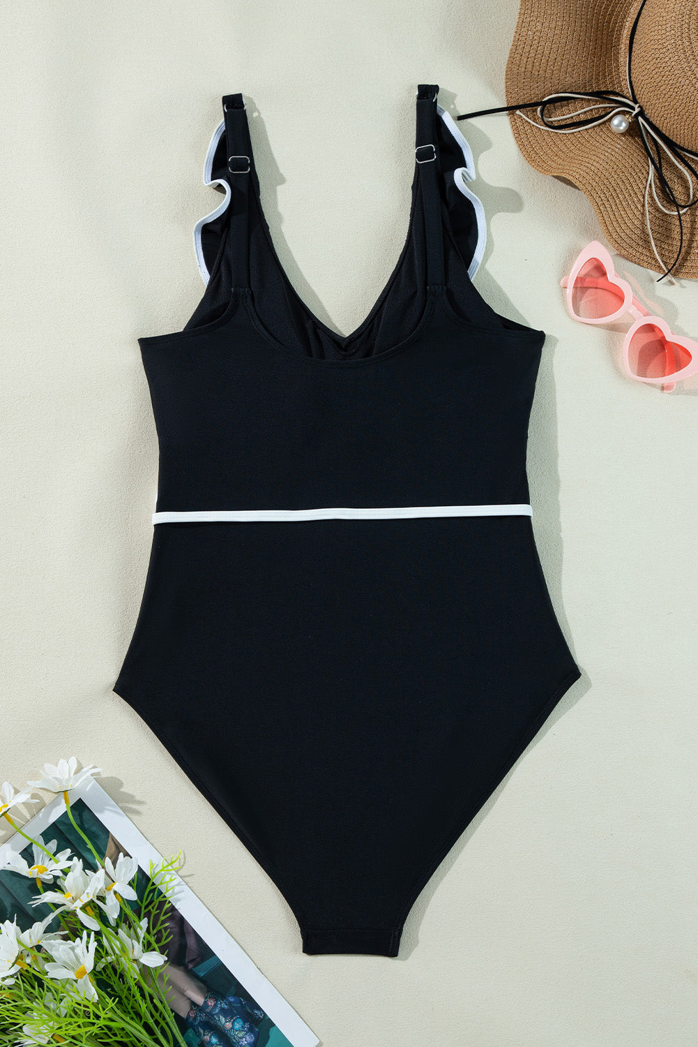 Black Colour Contrast Ruffled Wrap V Neck Swimsuit eAura