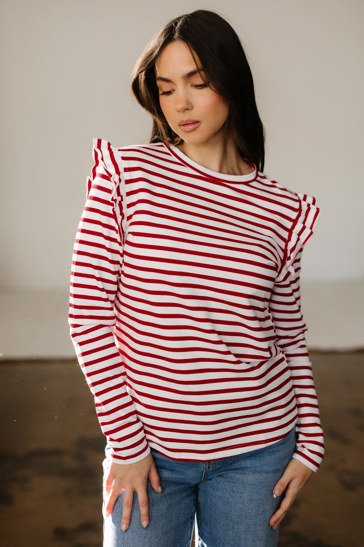 Stripe Round Neck Ruffle Trim Long Sleeve Top - Tops/Long Tops