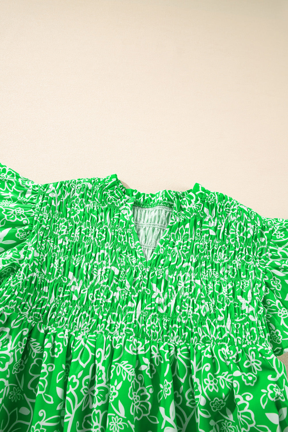Green Floral Flutter Sleeve Shirred Notched Neck Plus Size Blouse BB Fashion Outlet