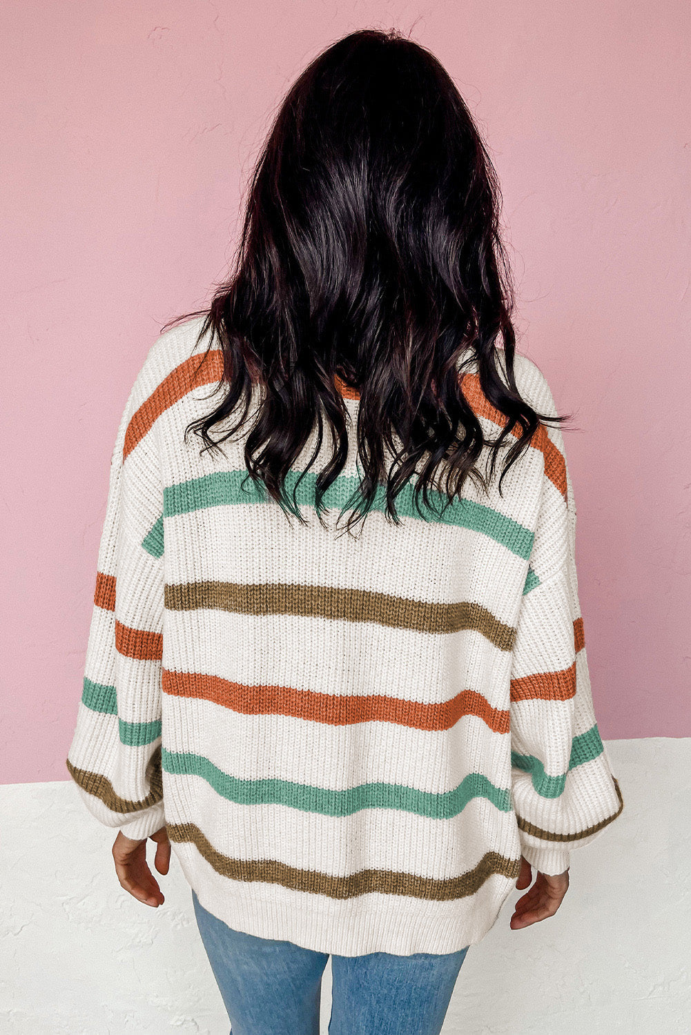 Beige Drop Shoulder Pocketed Stripe Sweater Cardigan eAura