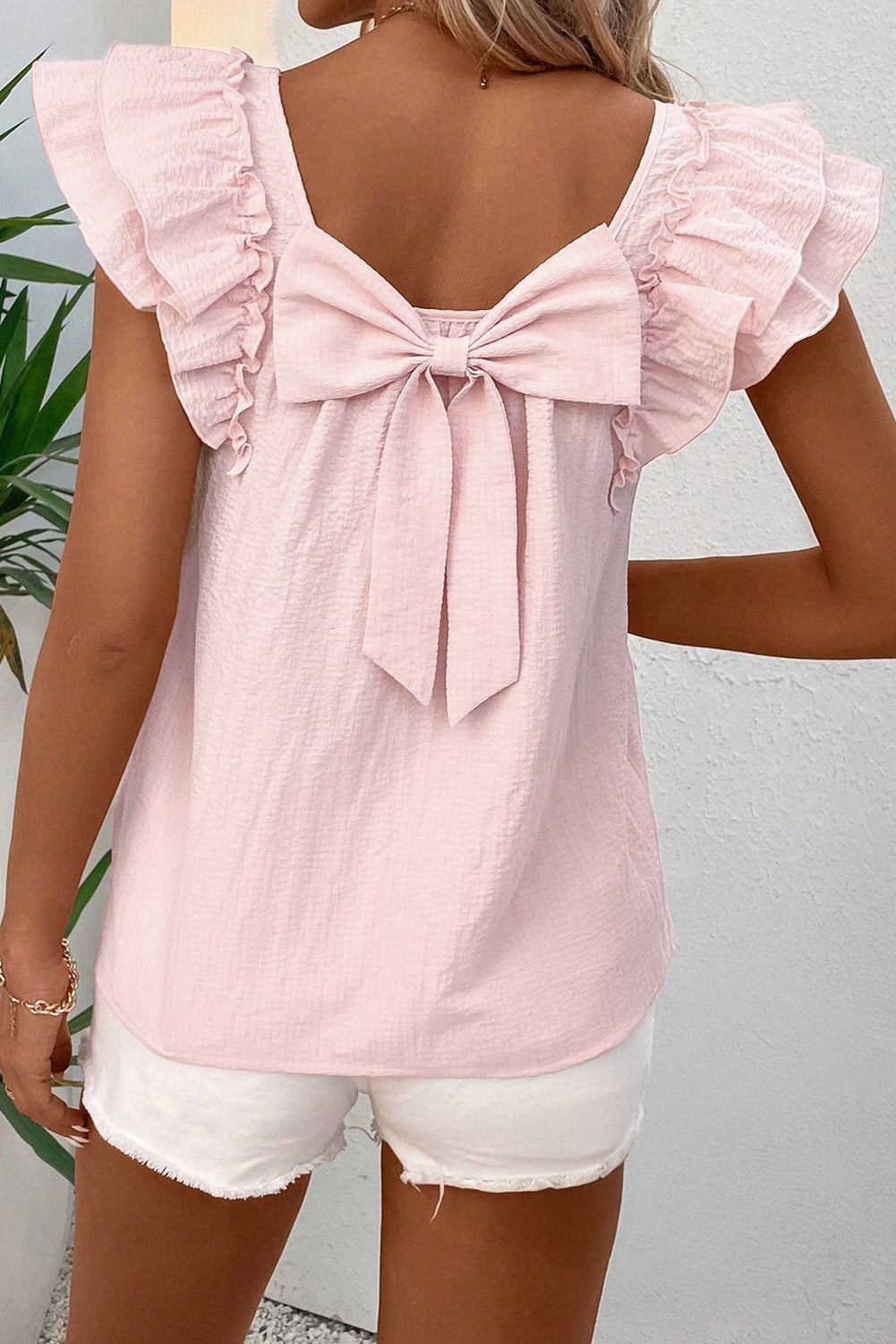 Gossamer Pink Textured Bow Knot Frilled Butterfly Sleeve Blouse eAura
