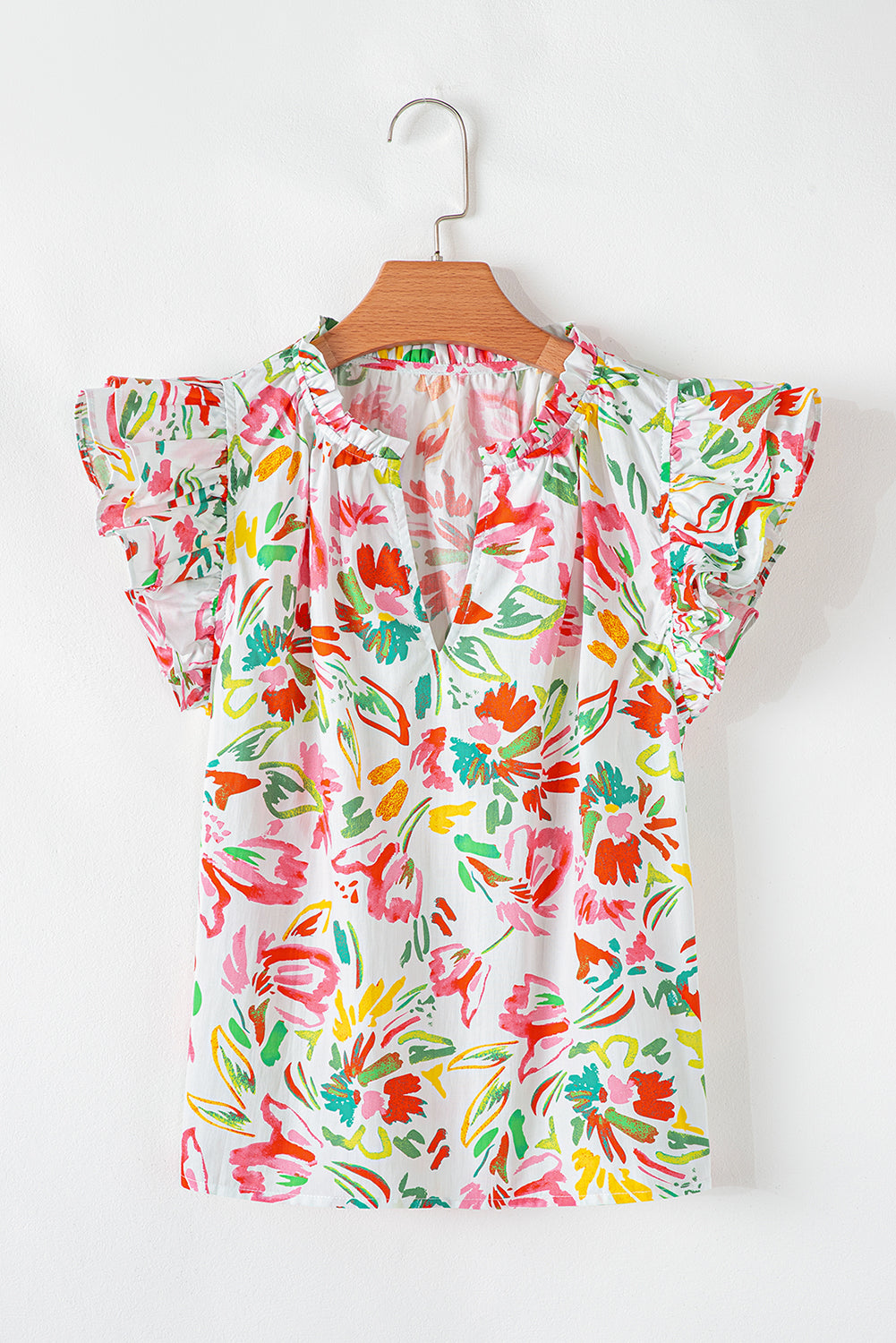 Multicolour Allover Floral Print Flutter Sleeve Split Neck Blouse eAura