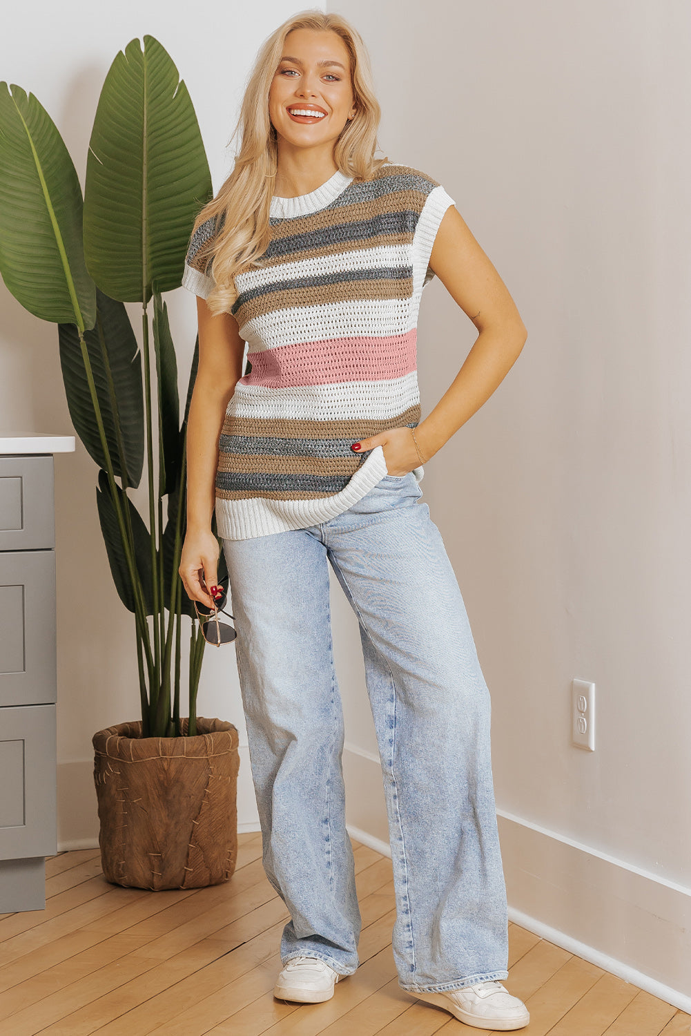Pink Stripe Colour Block Eyelet Knit Short Sleeve Sweater Tee eAura