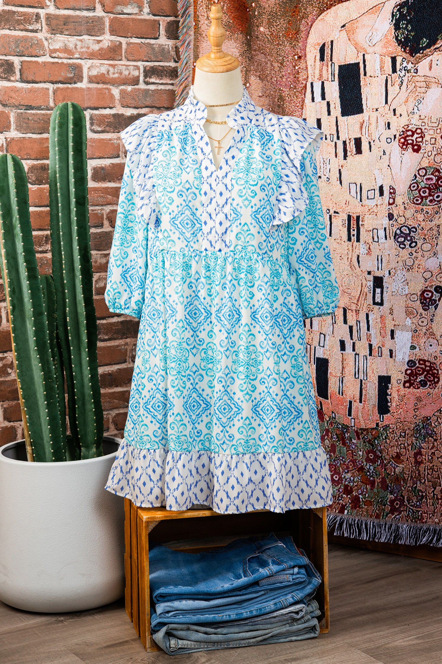 Boho Floral Geometric Patchwork Ruffle Puff Sleeve Mini Dress
