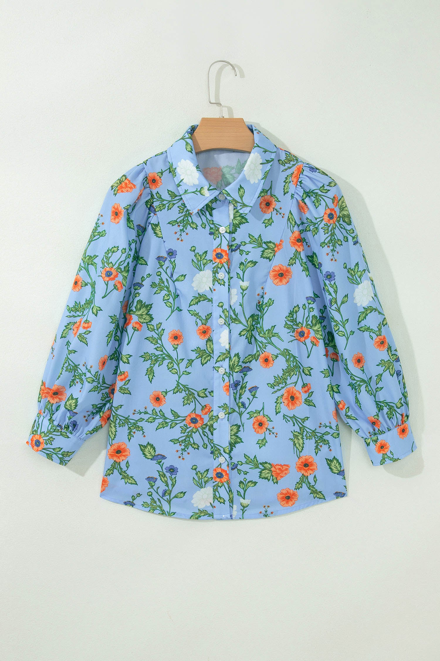 Sky Blue Floral Print Bracelet Sleeve Button Down Casual Shirt – Light Blue