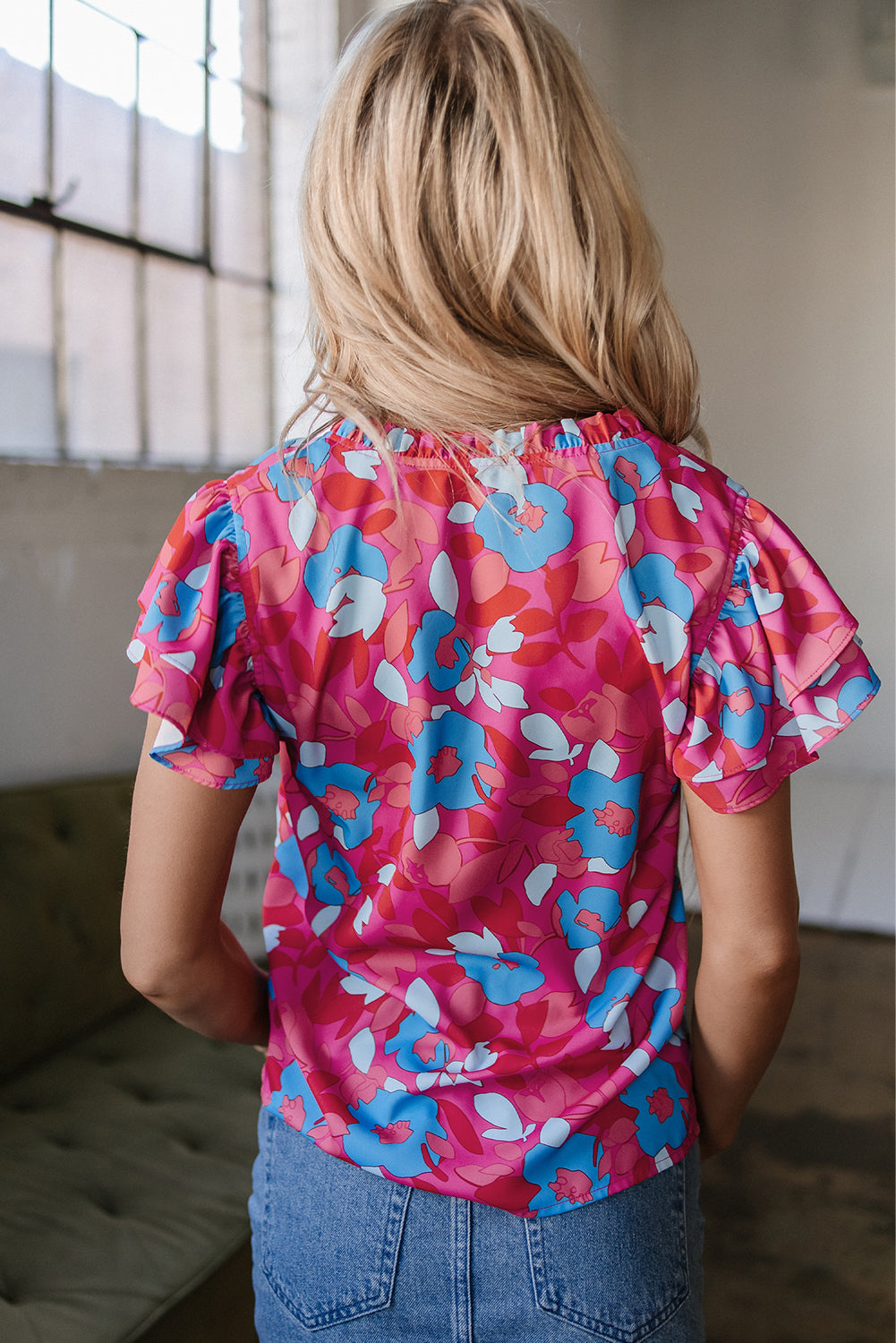 Rose Red Ruffled Sleeve Floral Blouse eAura