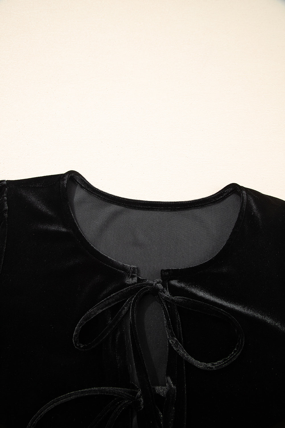 Front Tie Velvet Bubble Sleeve Mini Dress - eAura