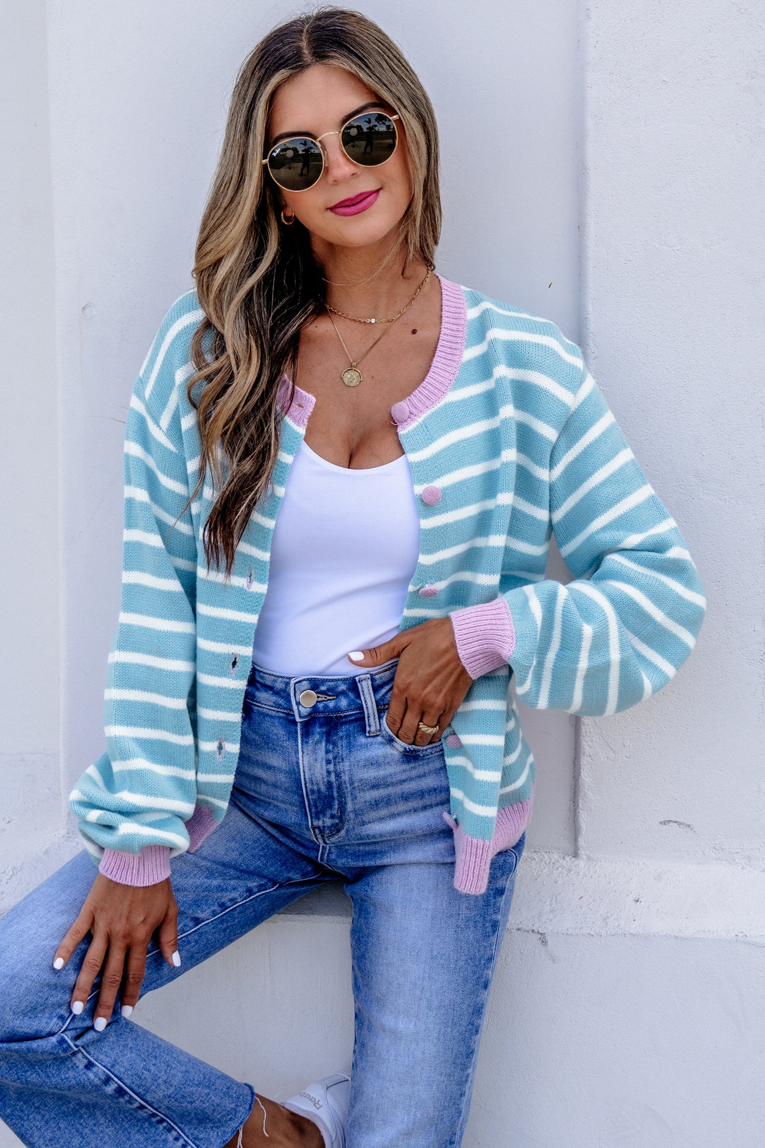 Contrast Trim Button Down Casual Sweater Cardigan – Sky Blue Stripe