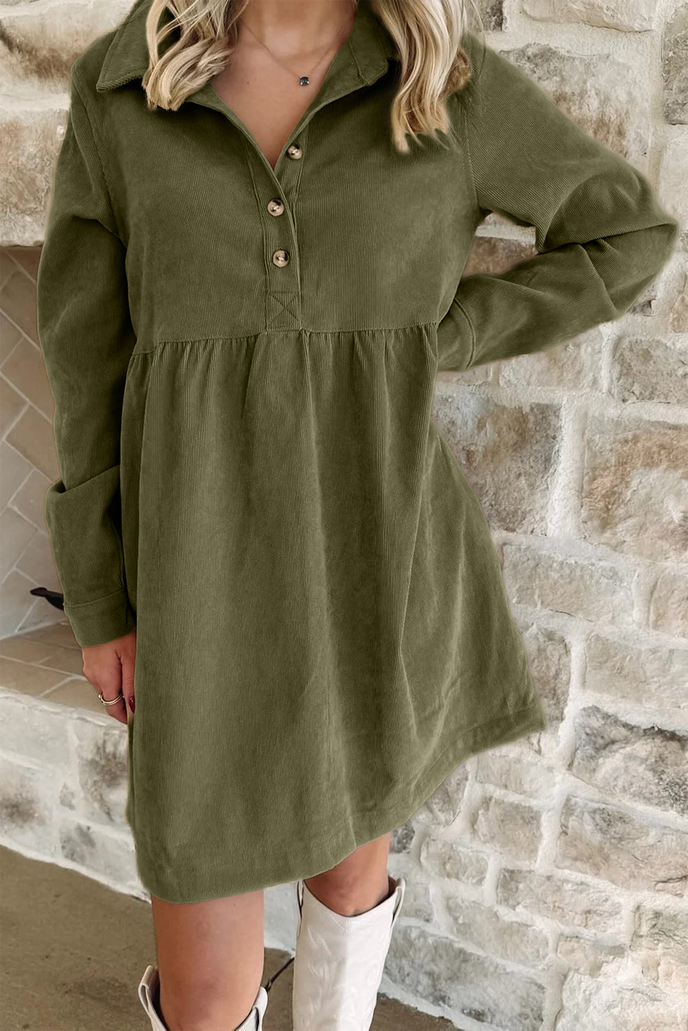 Oatmeal Corduroy Half Button Collared Long Sleeve Mini Dress - eAura